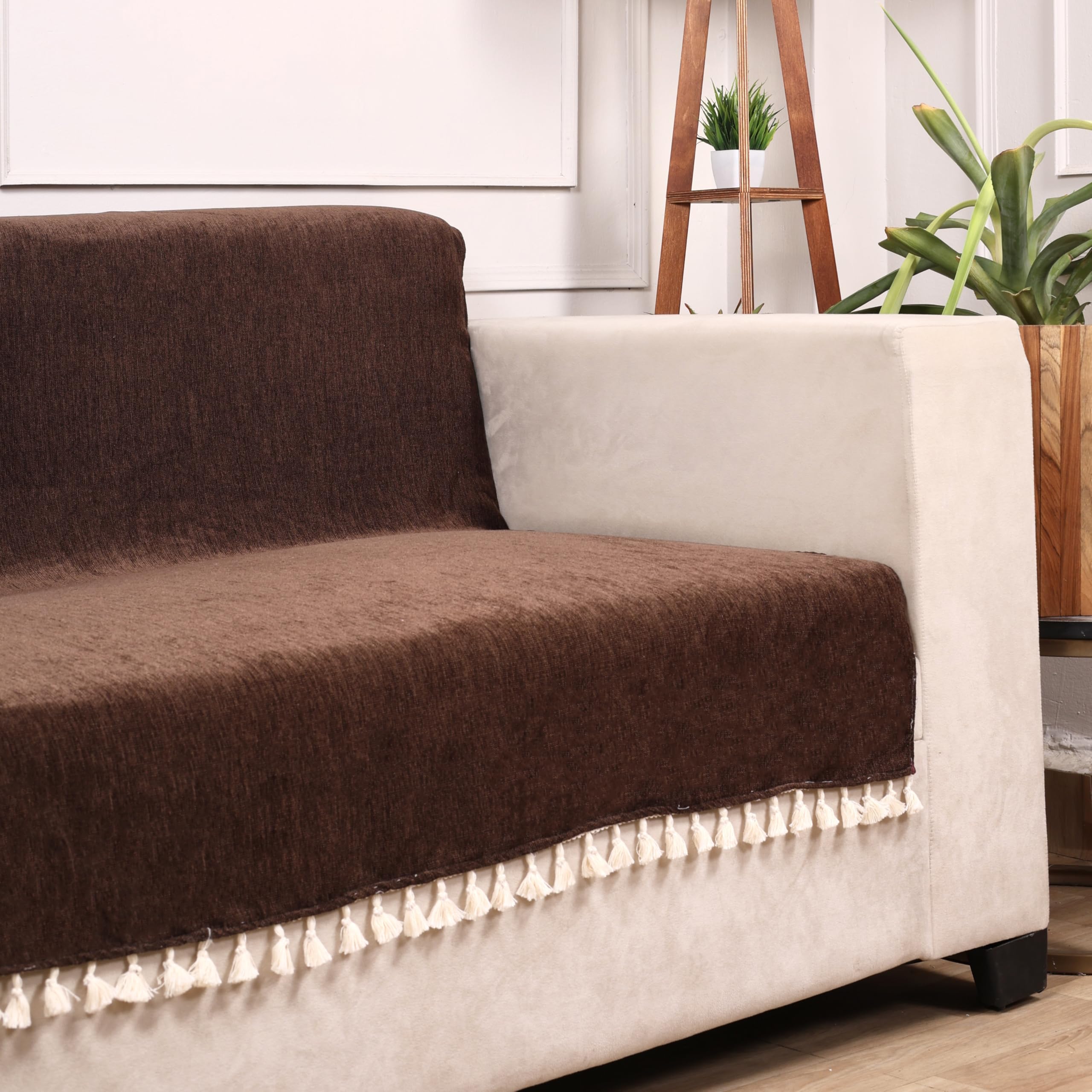 STITCHNEST Brown Chenille Sofa Cover 70x60 Inch – Soft, Durable & Textured Fabric with Tassels | Full Coverage Sofa for Living Room, Bedroom, or Drawing Room-image-19