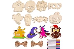 Max Fun 60Pcs Halloween Kids Crafts: Pre-drilled Unfinished Wooden Slices Halloween Cutouts...