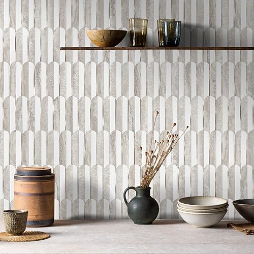 Miniatura 2 de Vamos Tile Azulejos sin costuras para salpicaduras de pelar y pegar, para cocina y baño, azulejos de mosaico de metal mixto de PVC blanco y beige (1