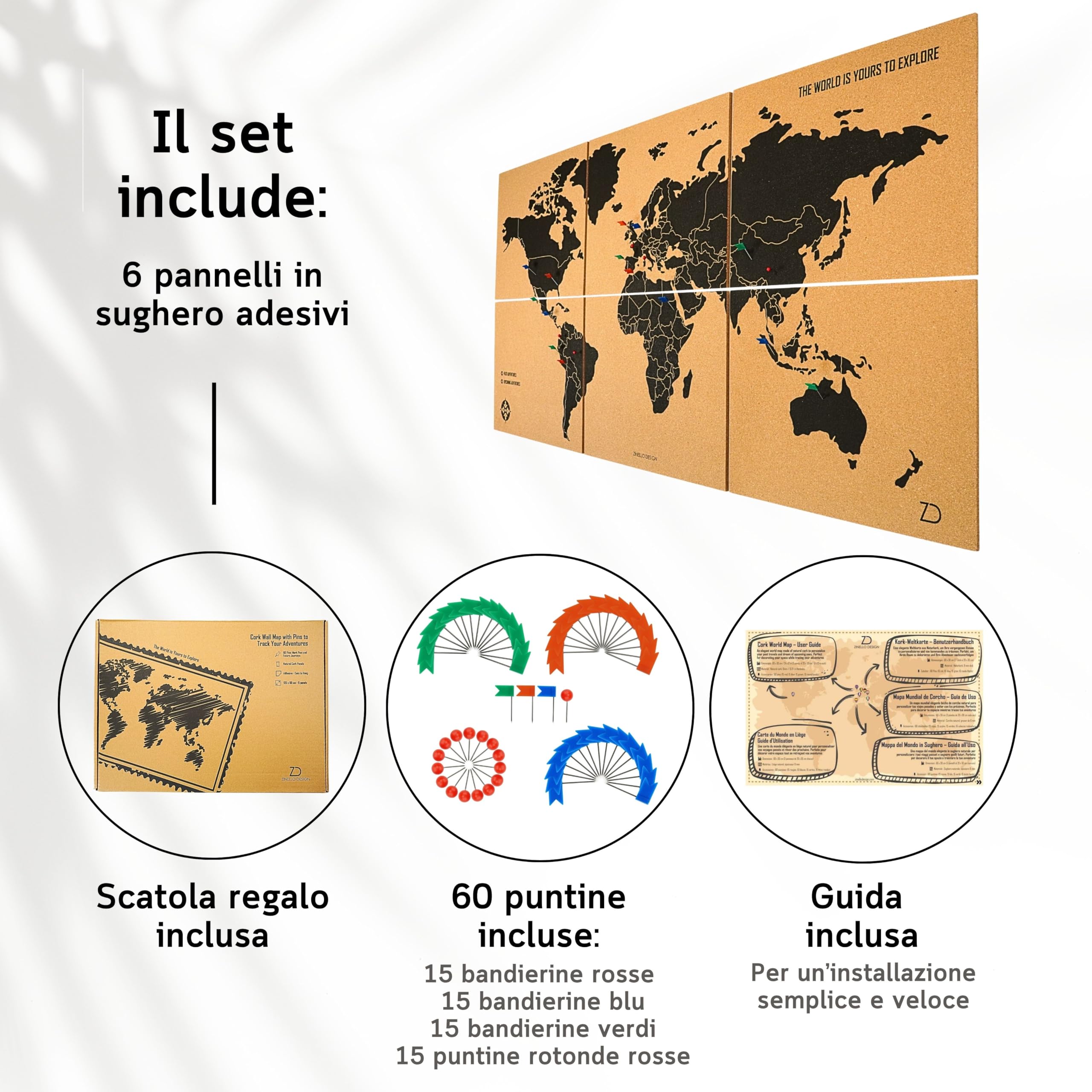 Mappamondo da Parete XXL 120x60 cm – 6 Pannelli Autoadesivi in Sughero – Mappa del Mondo con Puntine – Planisfero Gigante Segna Viaggi – 60 Puntine