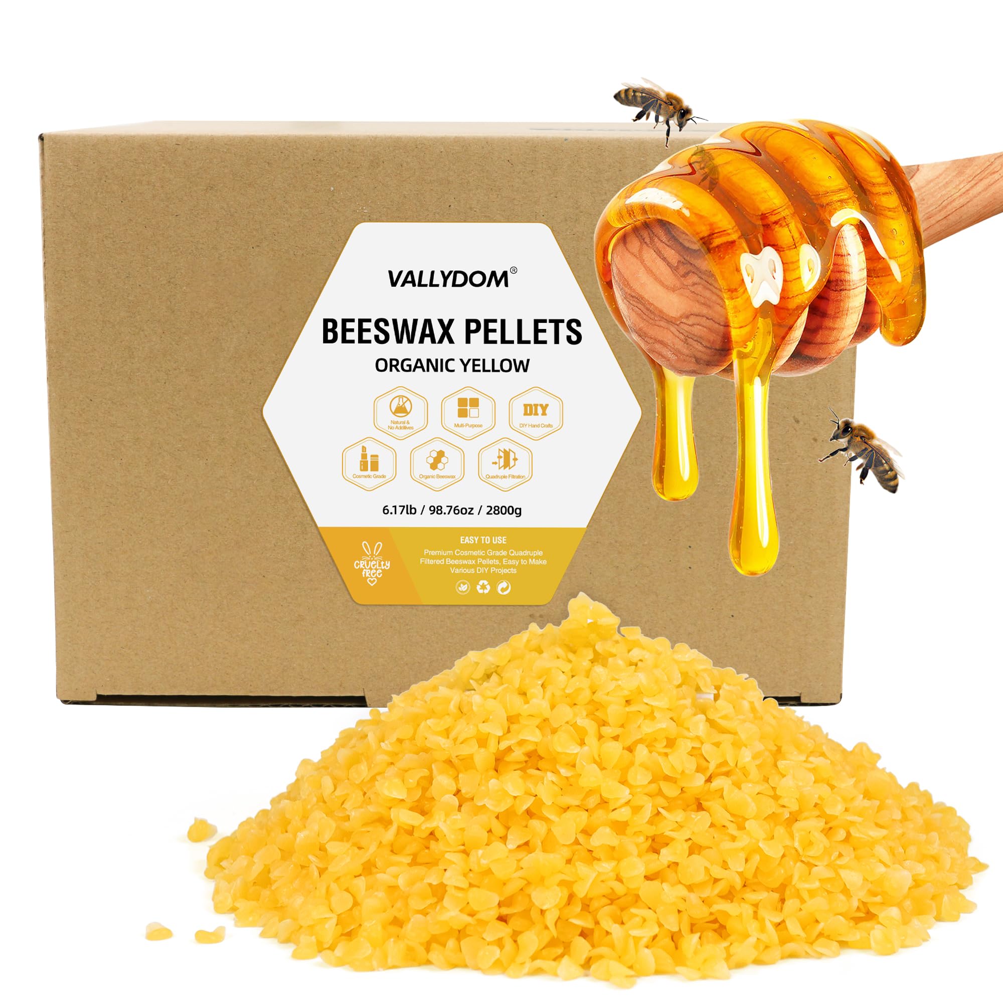 VALLYDOM Beeswax 2.8KG Yellow Beeswax Pellets, Candle Wax, Organic Beeswax