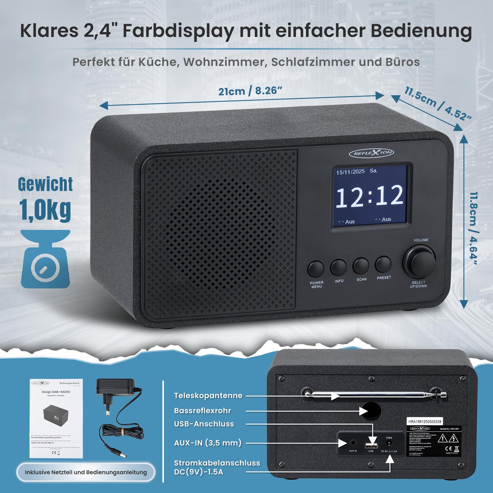 Reflexion Radio DAB+ con Bluetooth, sveglia e display a colori, radio digitale con USB, AUX-IN, antenna telescopica e 40 stazioni memorizzate, potenza musicale da 40 W, display TFT da 2,4", compatto e