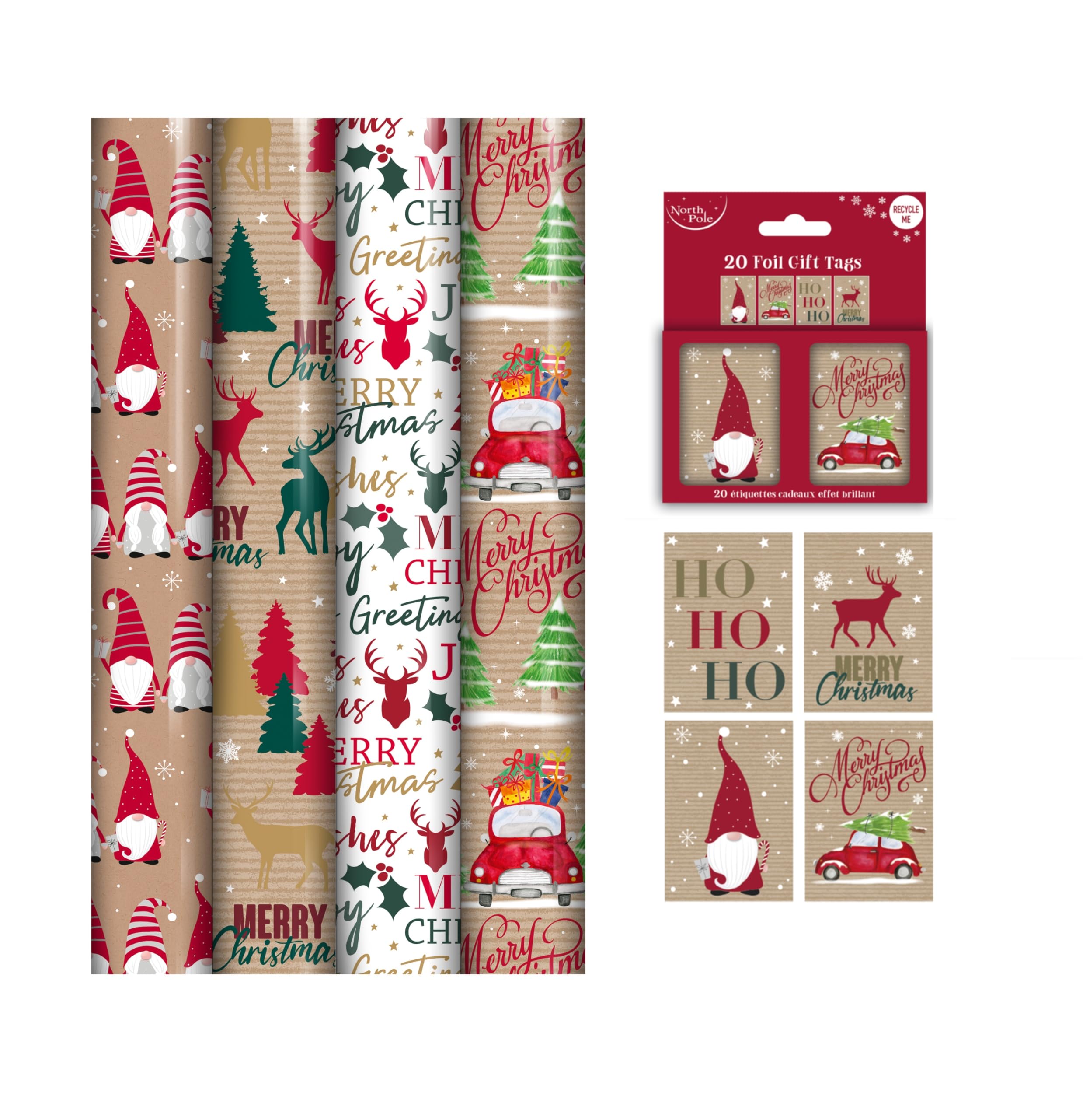 Set Of 4 Contemporary Gift Wrapping Paper Rolls 4 x 4M Rolls And 20 Matching Gift Tags Festive Contemporary Car Stag Cute Gonk Design Ideal For The Festive Season