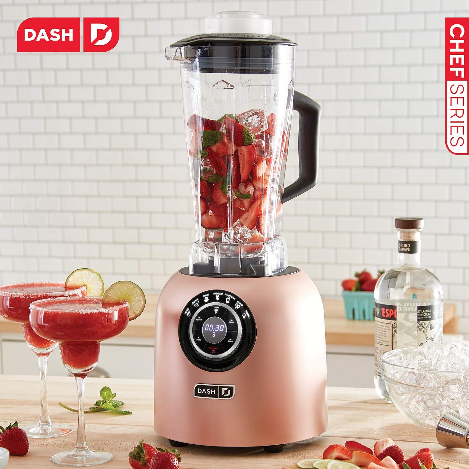 Dash Chef Series 64 oz Blender with with Stainless Steel Blades + Digital Display for Coffee Drinks, Frozen Cocktails, Smoothies, Soup, Fondue & More, 1400-Watt - Rose Gold