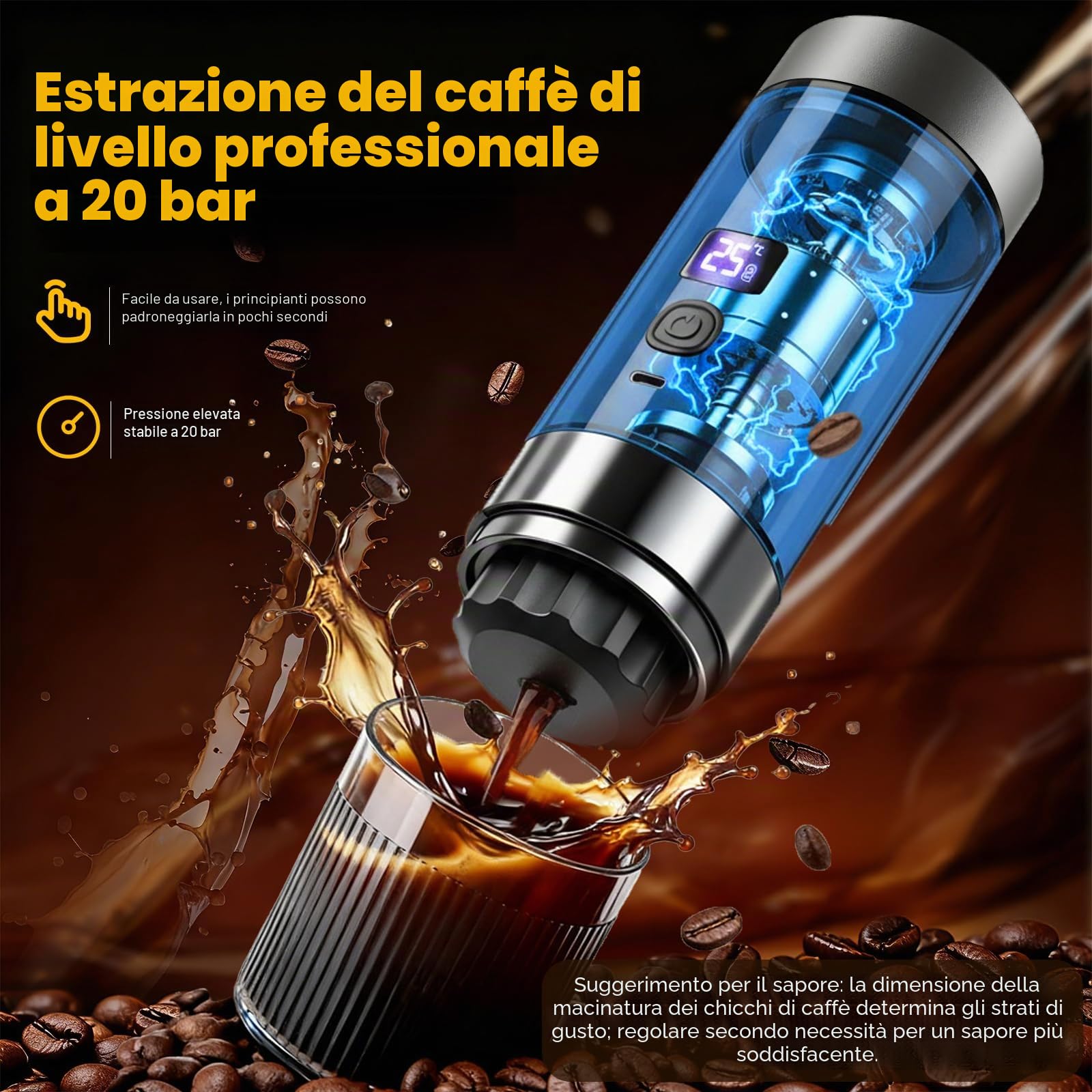 Macchina da caffè 3-in-1 portatile con batteria – 20 bar, estrazione a freddo/caldo, compatibile con capsule e caffè macinato, 7800 mAh USB-C, mini macchina da caffè per campeggio, auto, ufficio e