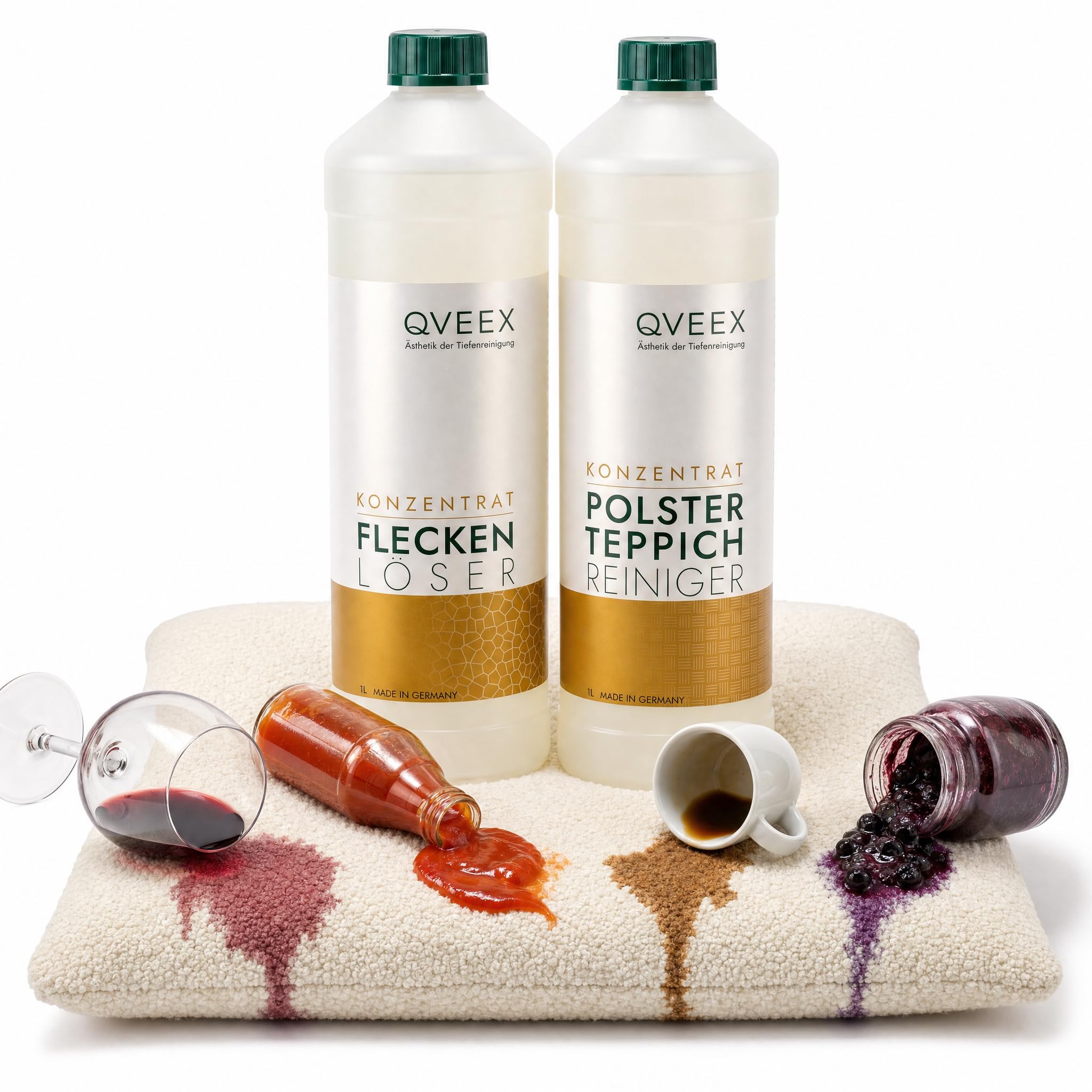 Fleckenlöser und Polster Teppichreiniger Set – 100+ Fleckenarten getestet | gegen Rotwein, Kaffee, Ketchup & Beeren und weitere Fleckenarten – auch eingetrocknet – für Sofa, Matratze, Teppich