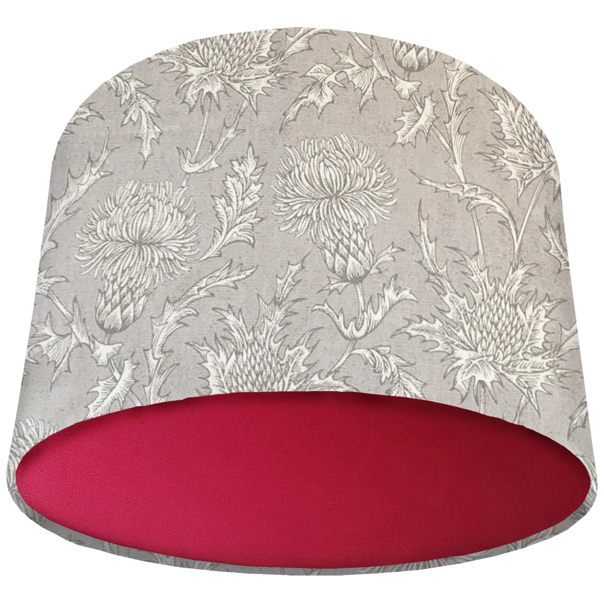 Handmade Grey Thistle Drum Lampshade – Botanical Design with Plain Colour Lining Choices (Red)