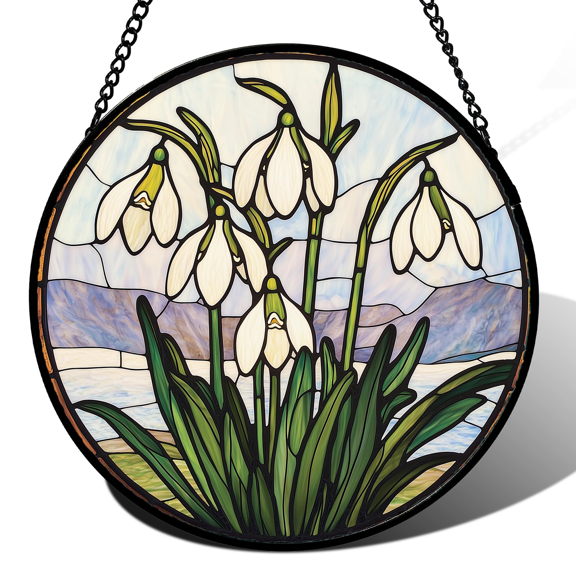 Stained Glass Window Hanging - White Snowdrops Sun Catcher for Door Garden Home Decor Green Plants Flowers Suncatcher