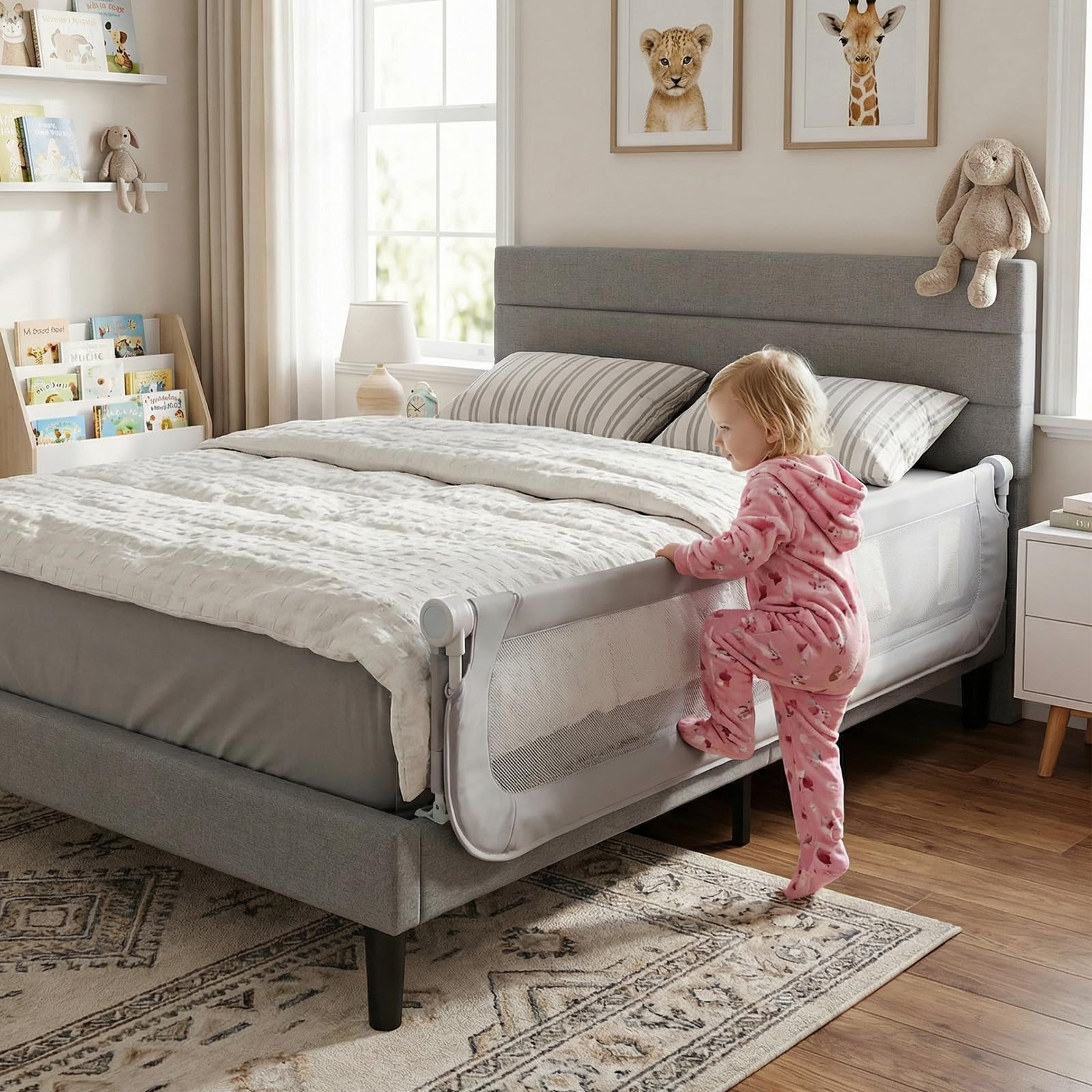 COSTWAY Sponda Letto per Bambini 80/120/150/180/200 cm, Barriera di Sicurezza per Neonati, Altezza Regolabile a 3 Livelli, Barriera Letto Pieghevole, con Cinghia di Sicurezza (200 cm,Grigio)