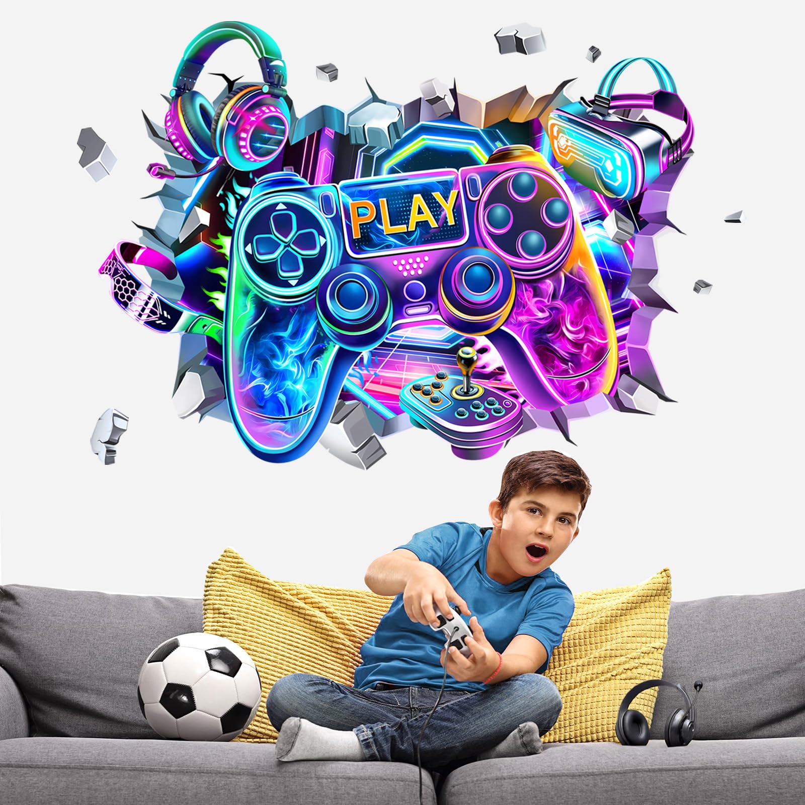 decalmile Large 3D Game Wall Decals Video Gaming Gamer Controller Joystick Wall Stickers Boy Bedroom Teenagers Playroom Wall Decor - Image 3