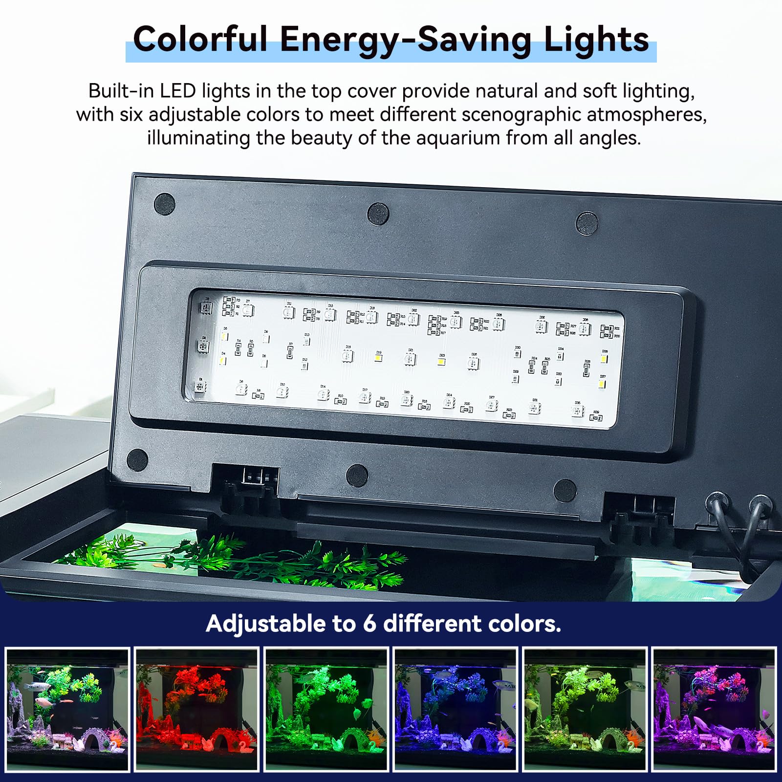 Kit acquario 44,7 x 24,6 x 28,7 cm completo di display della temperatura in tempo reale, pompa dell'acqua a 3 velocità, archiviazione intelligente, filtro flessibile e 6 luci a colori, acquario
