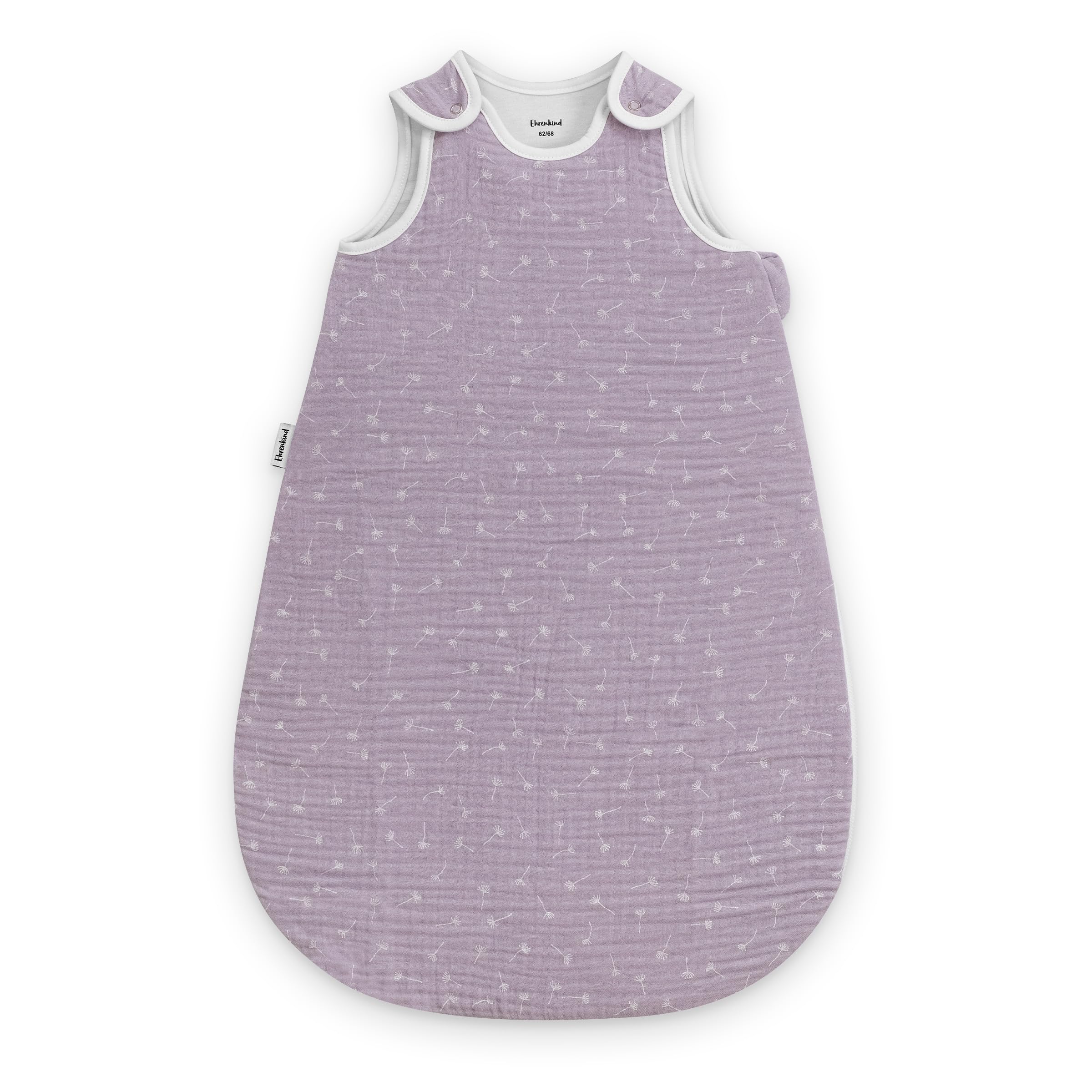 Ehrenkind® Baby Sommerschlafsack Rund Musselin | aus weicher OEKO-TEX zertifizierter Bio-Baumwolle | Sommer Baby Schlafsack Baby 1 TOG Gr. 50/56 Flieder Gemustert