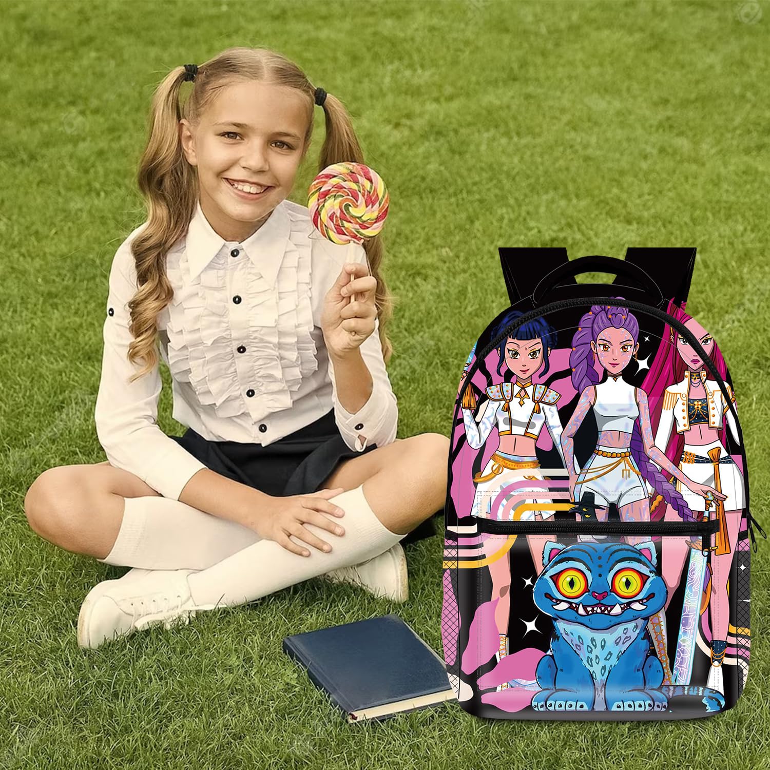 Demon Hunters - Zaino per la scuola per bambini, con stampa 3D, 41 x 30 x 14 cm (16"), stile carino, per adolescenti e bambini, per la scuola dei bambini, Nero , Mittelgroße