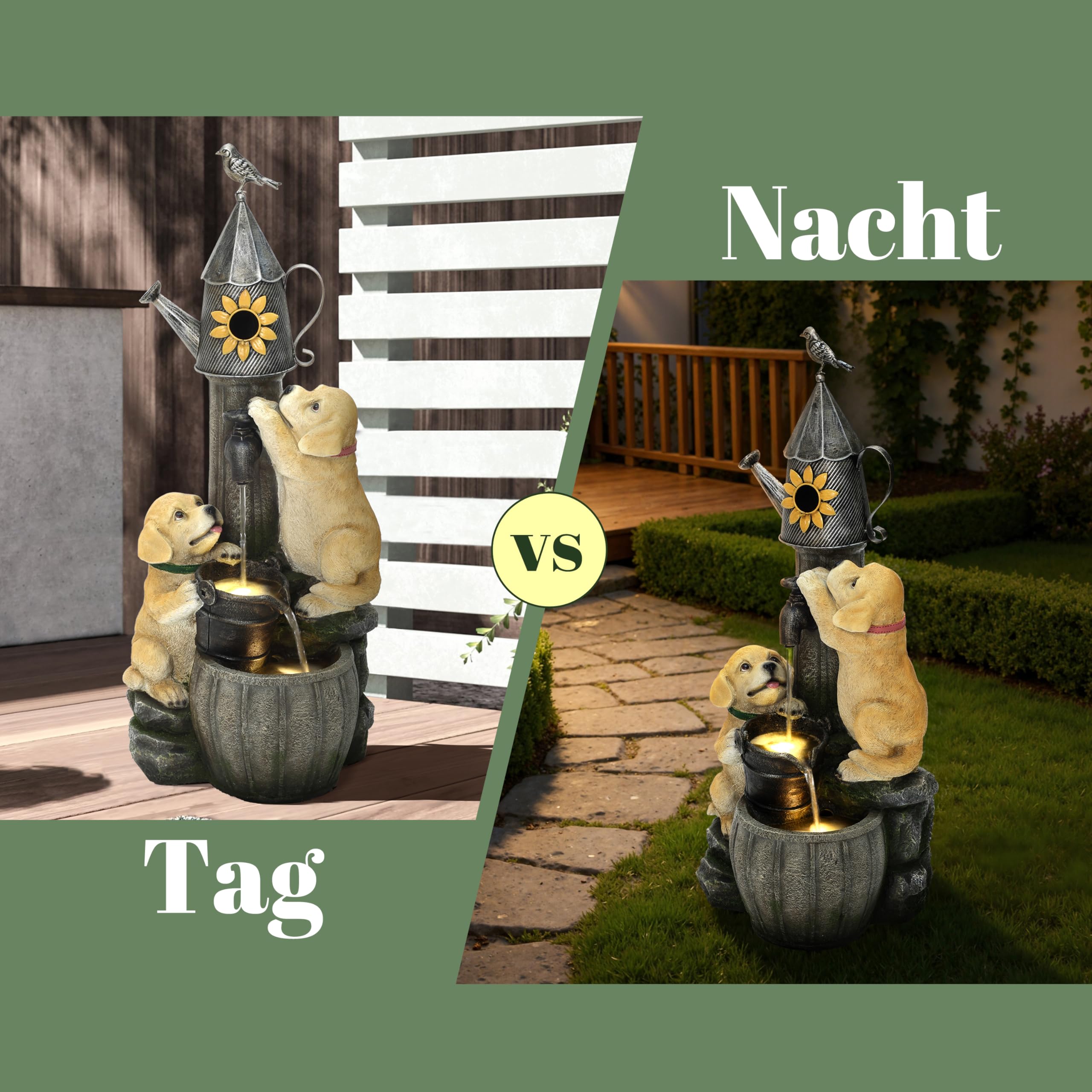 90cm Polyresin-Gartenbrunnen mit LED Light Zwei Hündchen und Vogelhäuschen Innen- und Außenbrunnen springbrunnen für Garten, Balkon, Terrasse, Eingang 90x38x34 cm