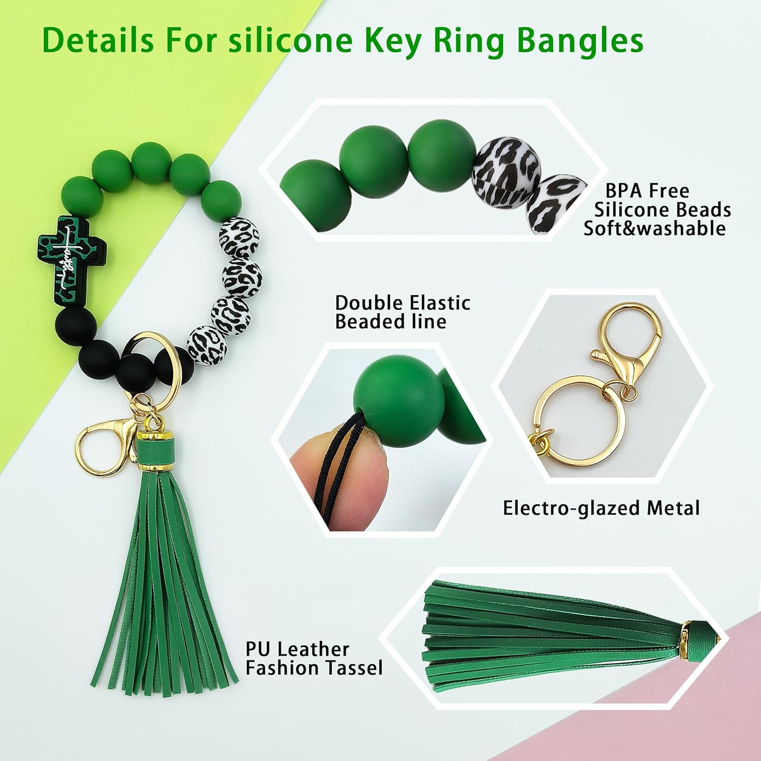 Silicone Beaded Keychain Wristlet Bracelet,Key Wrist Jesus Cross Keychains for Women Girls - Image 3