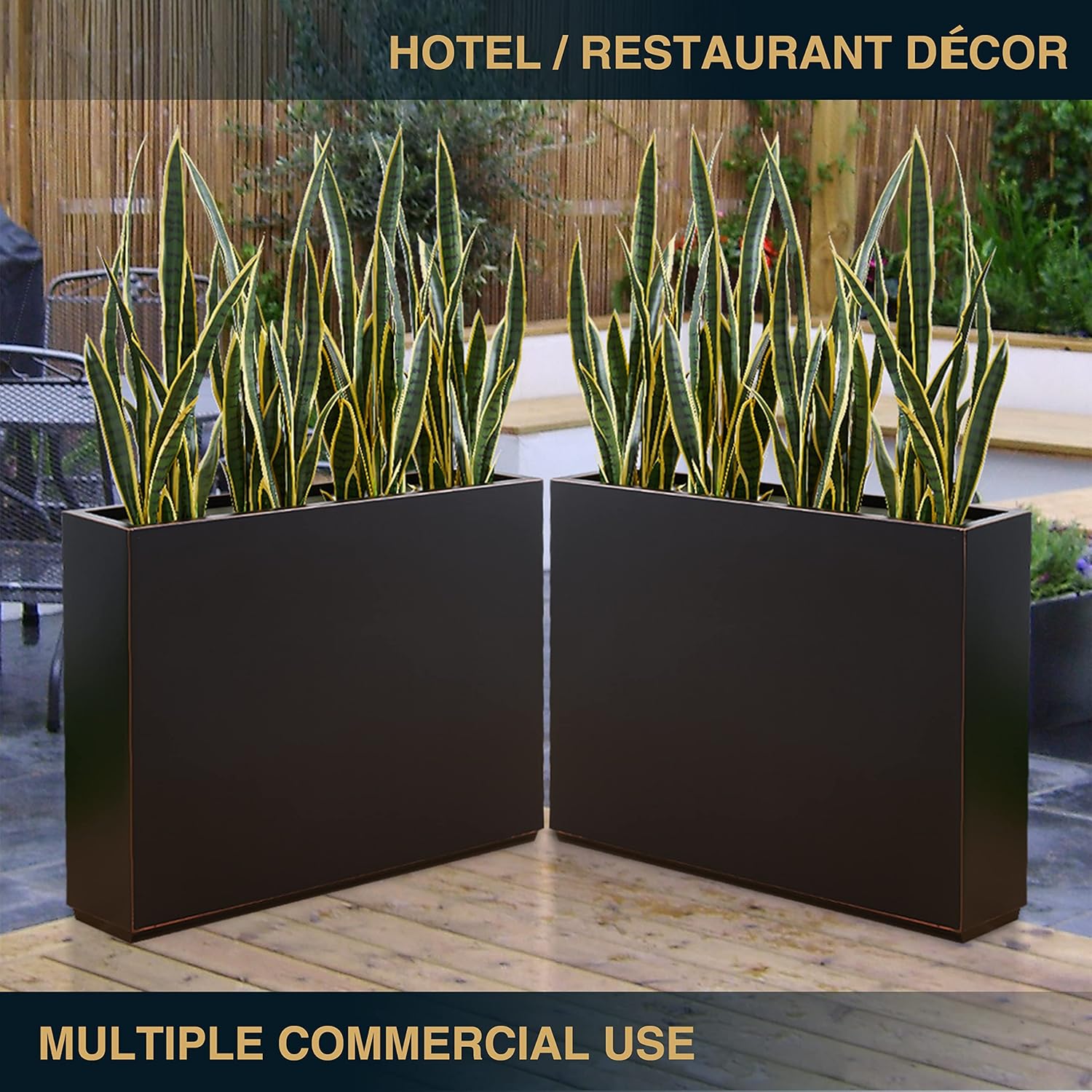 Wallowa Metallic Heavy Planter for Outdoor Plants, 38Lx10Wx30H Inches Tall and Long Metal Divider Planter Box with Hand Brushed Gold Edge for Outside & Indoor, No Assembly (Black)
