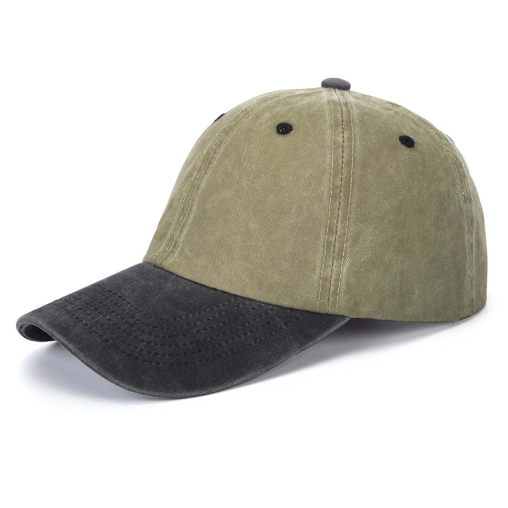Unisex Washed Baseball Cap Pigment Dyed Two Tone Low Profile Adjustable Six Panel Cap Sun Cap(Army Green+Black)