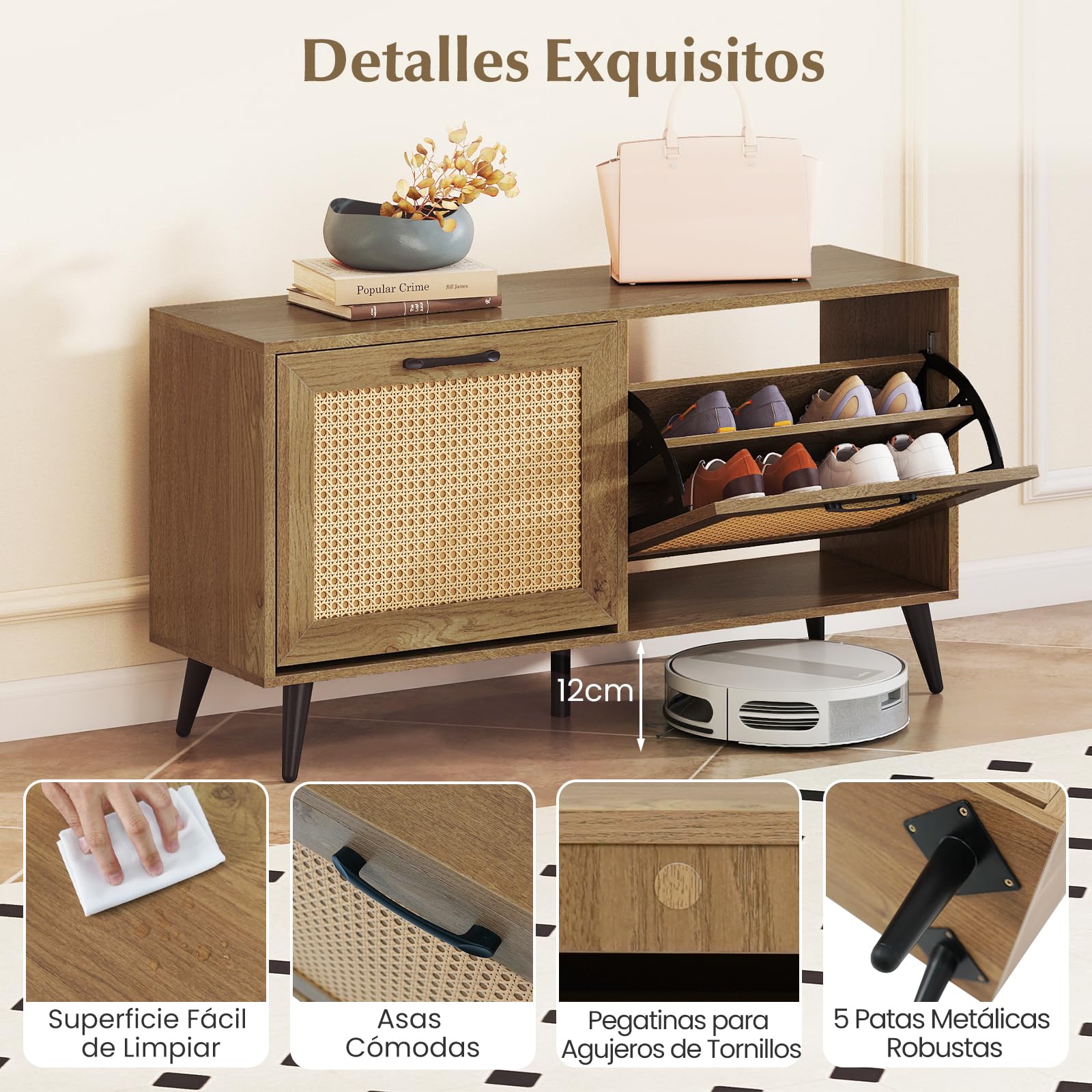 COSTWAY Armario Zapatero, Mueble Zapatero de Ratán con 2 Cajones Abatibles, Superficie Amplia, Estantes Ajustables y Patas de Metal, Entrada Pasillo Recibidor, 100 x 30 x 53 cm
