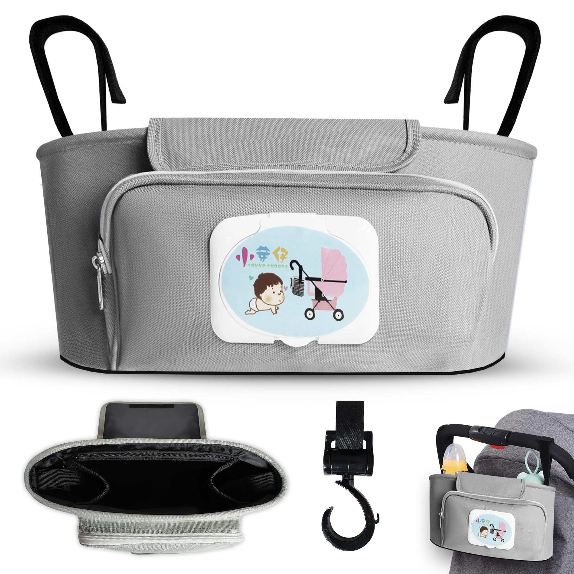 Bumaby Bolso Carro Bebe + Gancho Adicional. Bolsa Carro Bebe Pañalera con Bolsillo Toallitas, 2 Compartimentos Botella/Biberón y Bolsillo para Documentos... Bolso Maternidad de Diseño.