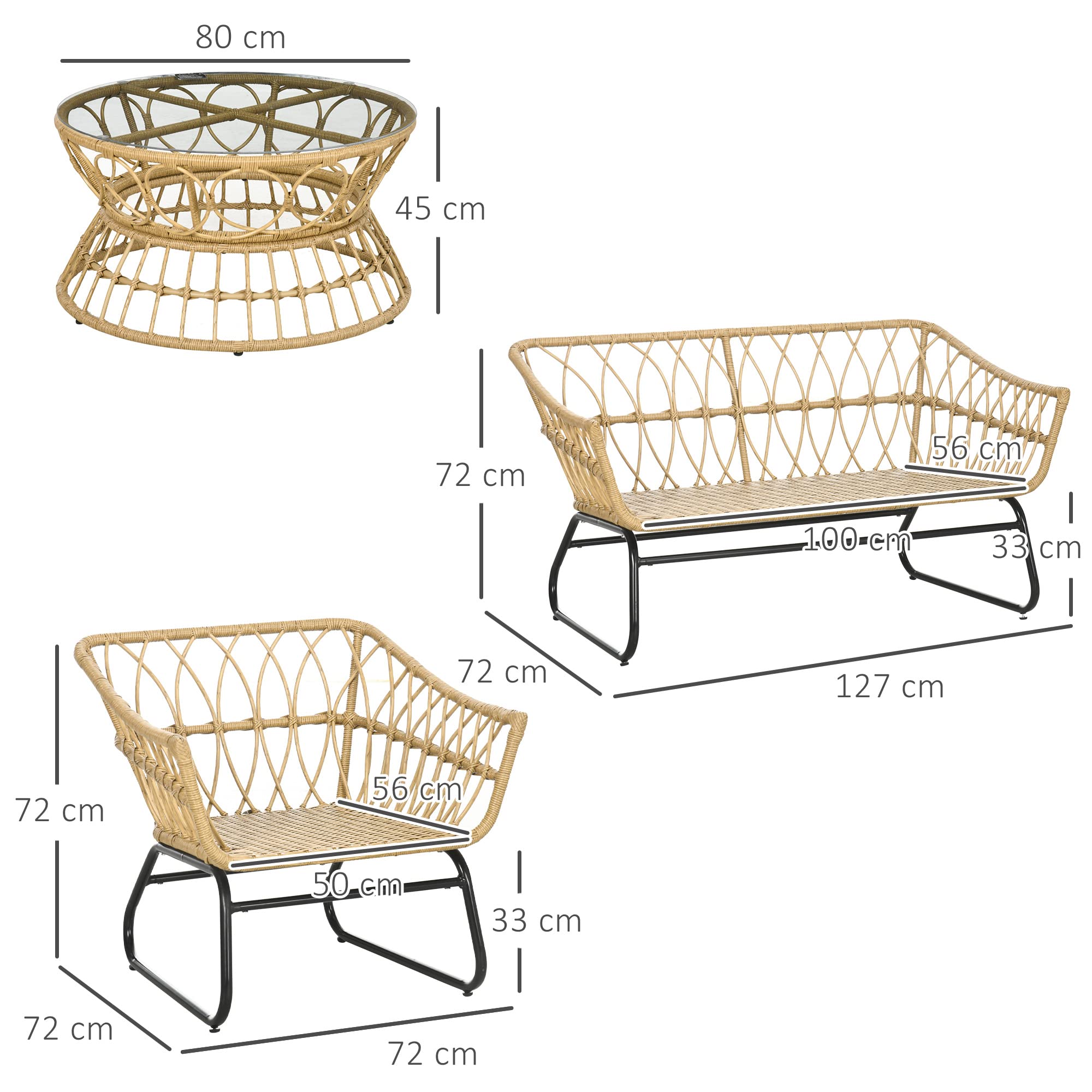 Outsunny Salon de Jardin 4 pièces en résine tressée canapé 2 Places + 2 fauteuils + 1 Table Basse Plateau Verre trempé 7 Coussins - Structure en Acier - Sable et crème