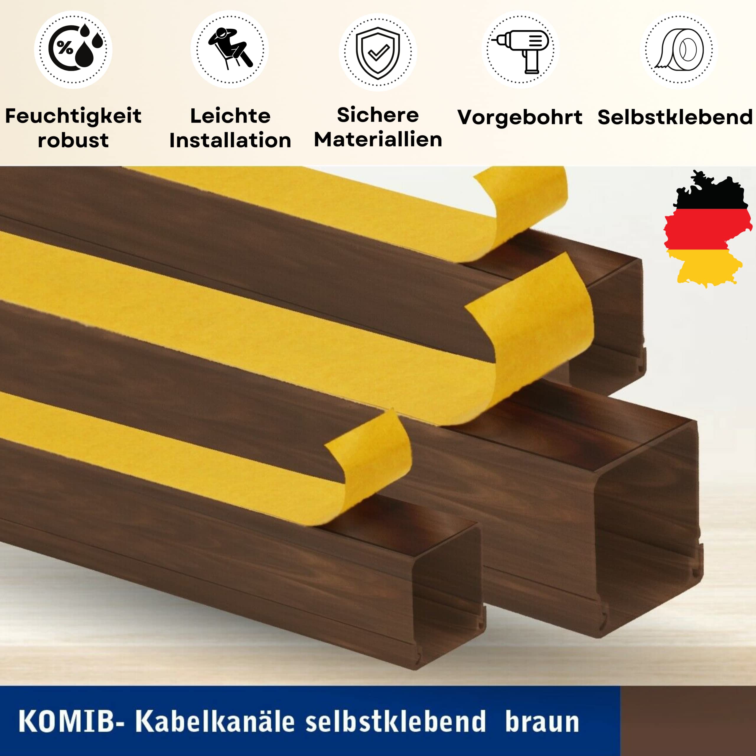 10m KOMIB Kabelführung - Kabelkanal/Selbstklebend/Fertig für die Montage / 3 Farben/Verschiedene Größen/je Stange 1 Meter / 10 Stück (Braun (Holz Design), 30 x 30 mm)