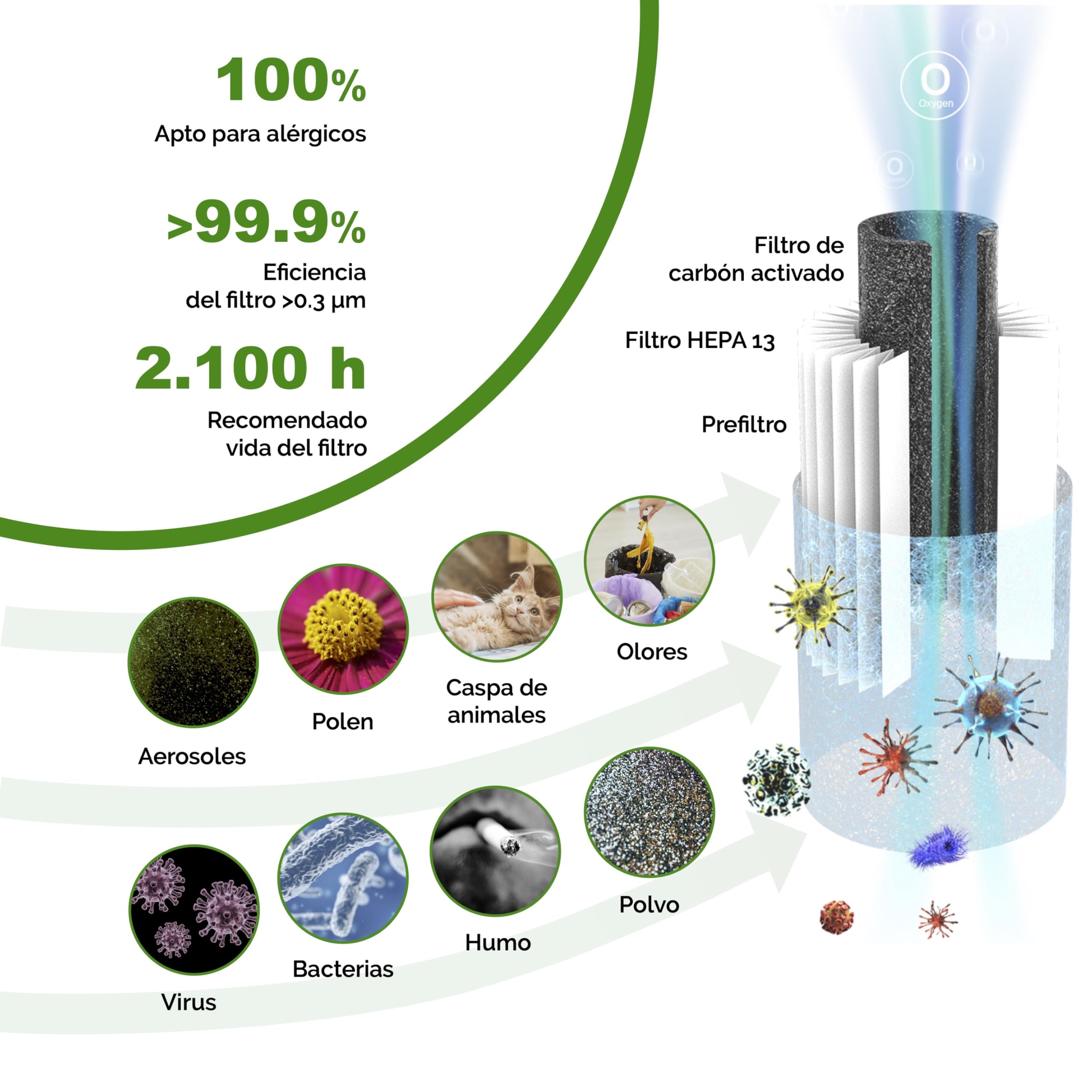 toGo Filter purificador de aire portátil pequeño con batería para viajes, coches y mesas, filtro HEPA 13 y filtro de carbono, contra contaminantes polen humo - para alergias y asmáticos (blanco)