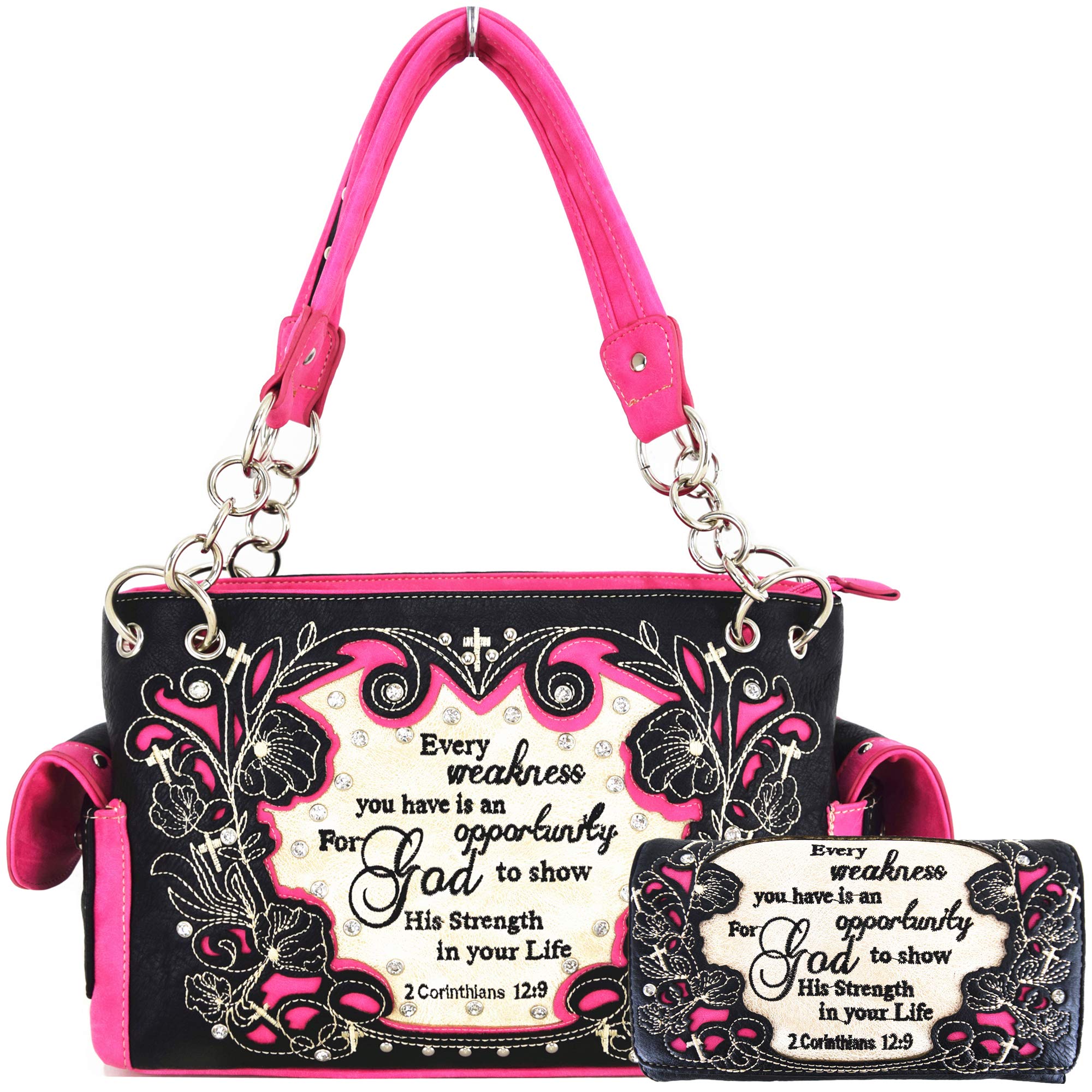 WESTERN ORIGINEmbroidered Cross Scripture Bible Verse 2 Corinthians 12:9 Purse Studded Western Style Handbag Women Shoulder Bags Wallet Set