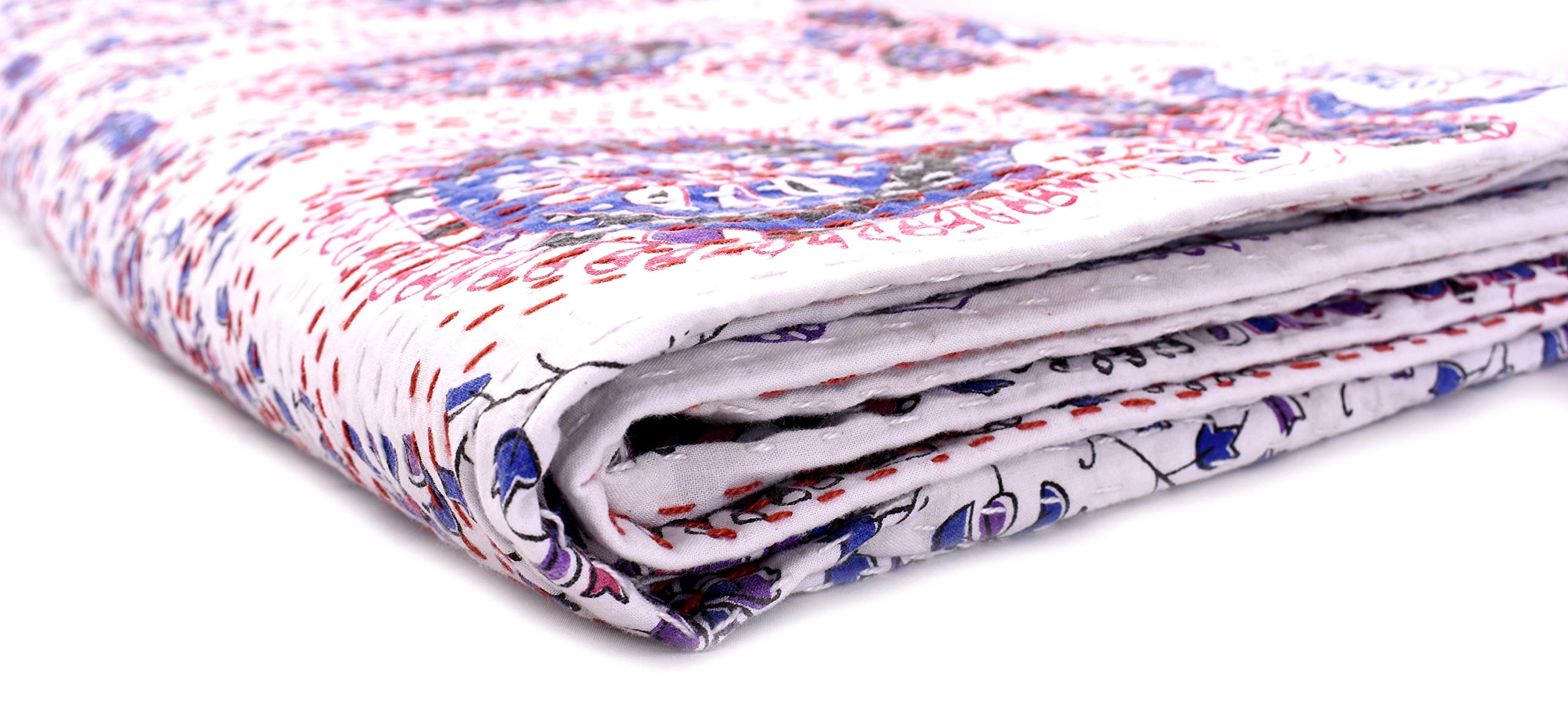 Sophia-Art Peacock Mandala King Size Kantha Quilt Indian Cotton Bedspread Reversible Throw