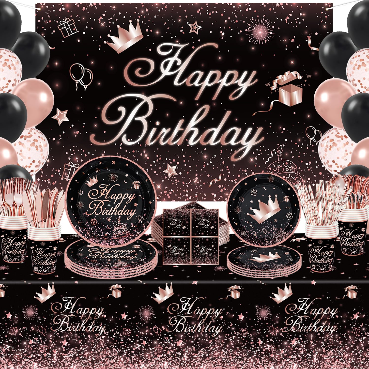 211 PCS Black and Rose Gold Party Decoration Rose Gold & Black Party Supplies Birthday Dinnerware Set-Plates, Backdrop, Balloon, Tablecloth Serves 20