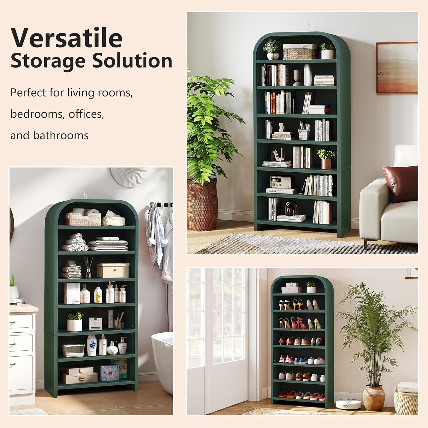 LEVNARY 70" Tall Arched Bookcase, 7-Tier Freestanding Storage Cabinet with Adjustable Shelves, Thick MDF Bookshelf for Bathroom Living Room Bedroom (Green)