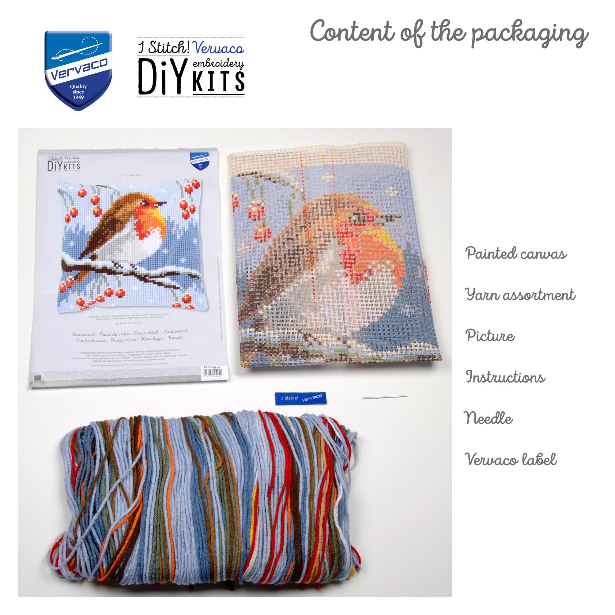VERVACO Kit Cuscino Punto Croce PETTIROSSO Set Ricamo Principianti Cuscini Gobelin Decorativi ca. 40 x 40 cm Accessori per Lavoretti Creativi DIY Casa Decor Hobby Adulti Cross Stitch