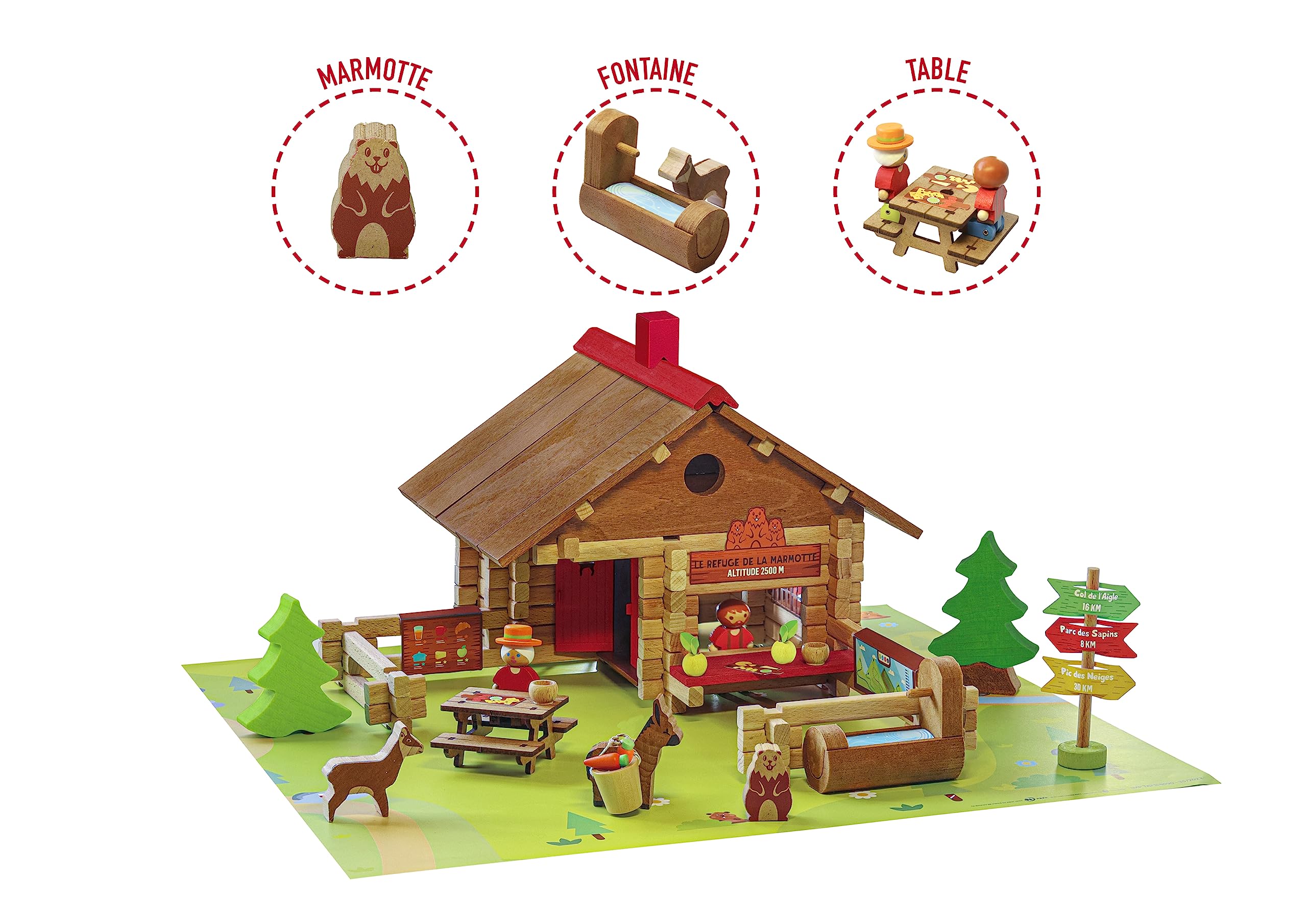 Jeujura - Refuge de la Marmotte 150 Pièces - Jeu Construction 5 Ans - 8090 | Personnages, animaux et tapis de jeu inclus - Valisette de rangement - Jeu en bois enfant - Imagination - Fabriqué en France