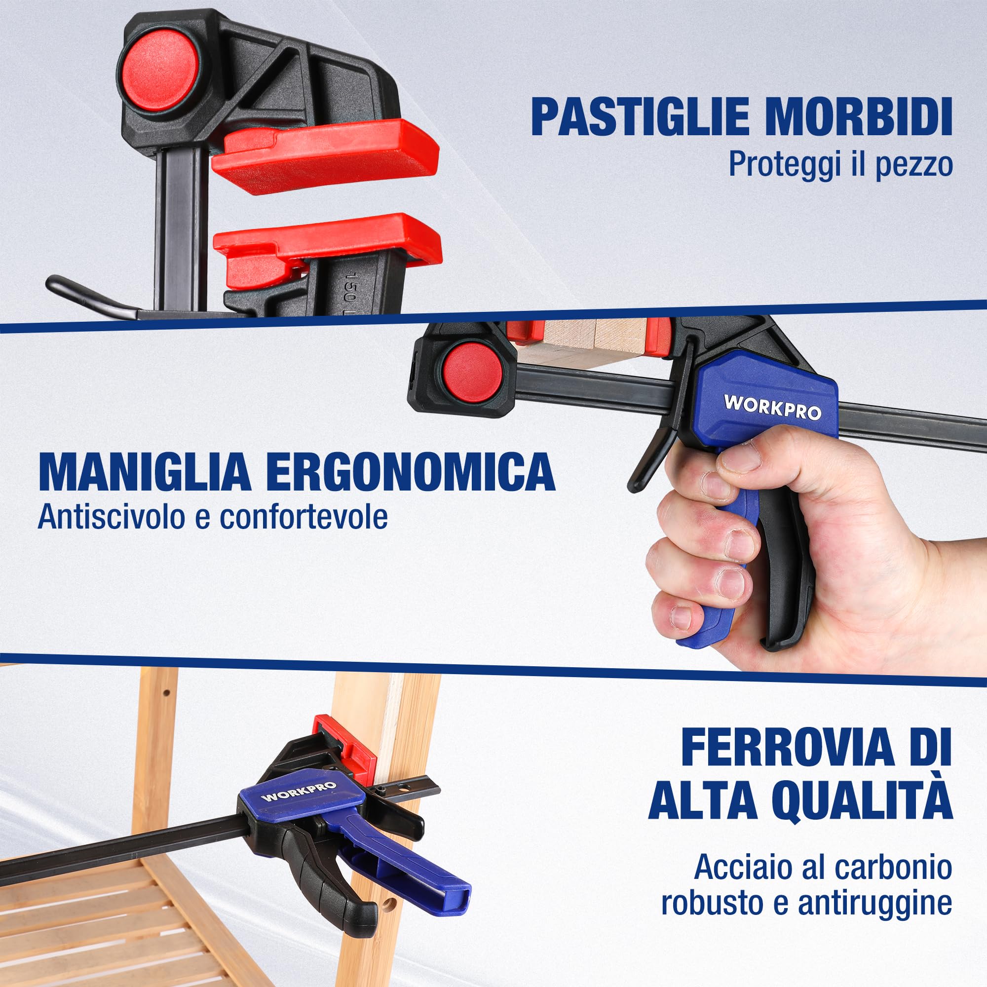 WORKPRO Set 6 Morsetti A Una Mano 150mm - Per Legno E Fai Da Te Con Serratura Rapida - Foto 4