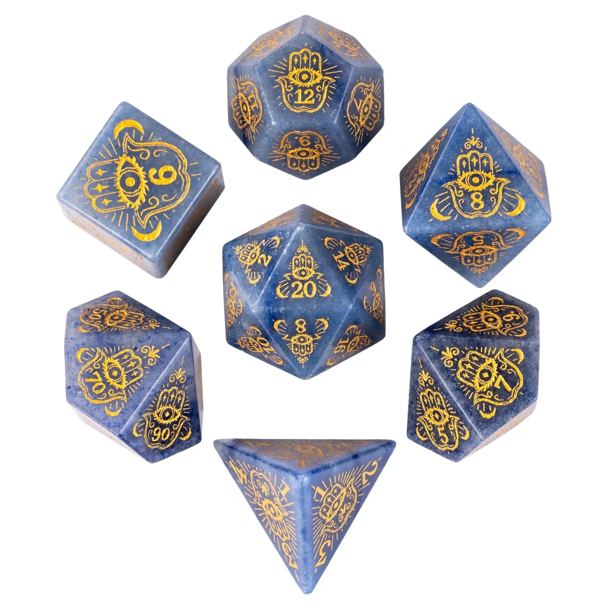 UDIXI Blue Guartzite Stone Dice Set, 7 Pieces Gemstone Dice Hamsa Pattern with Gift Case for Role Playing Game and Other Tabletop Games