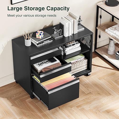 Miniatura 9 de Archivador de 3 cajones con cerradura, archivador lateral móvil, soporte de metal para impresora con estantes para oficina en casa (negro)