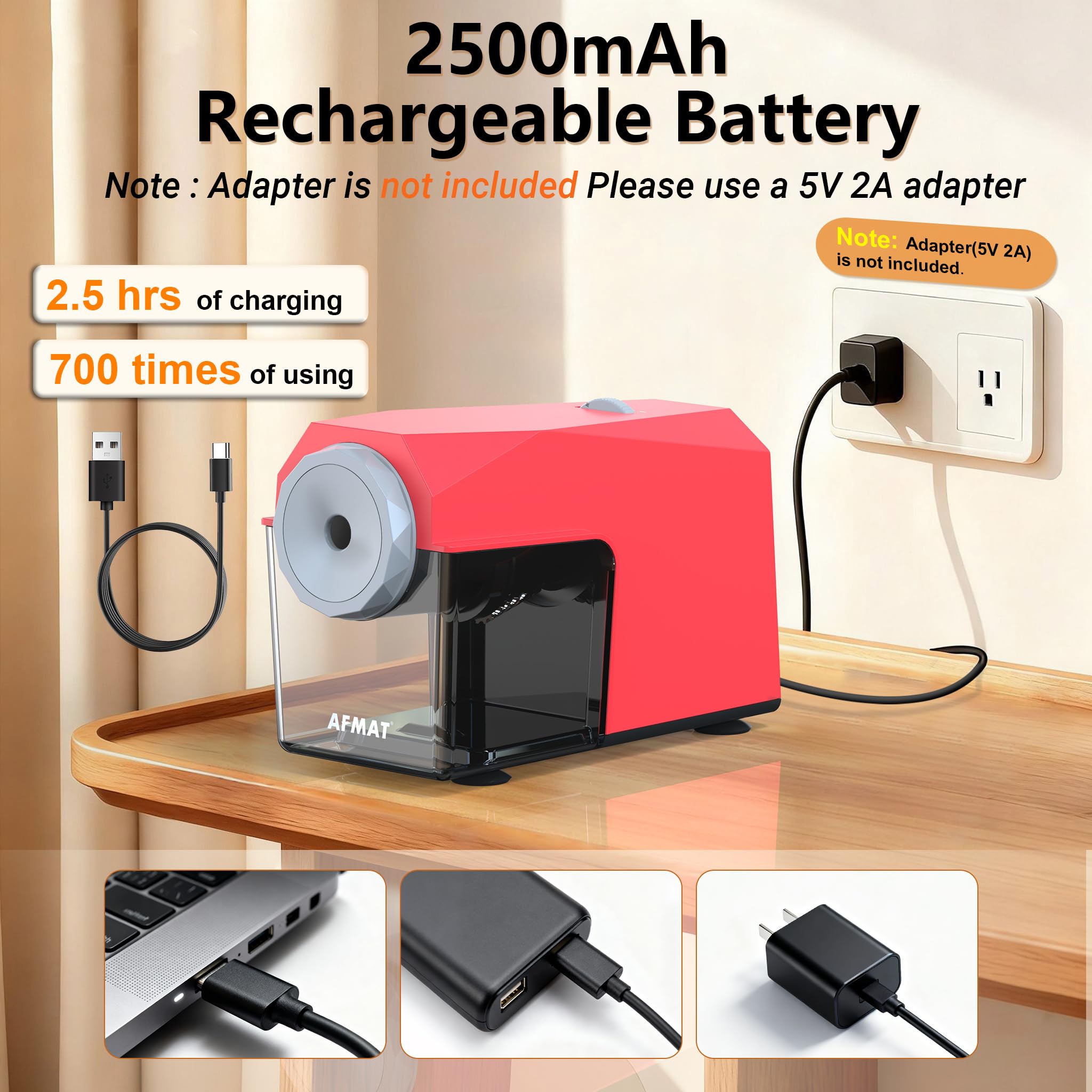 AFMAT Sacapuntas eléctrico, entrada y salida automática, más de 10.000 usos, 5 puntas, sacapuntas totalmente automático para aula, sacapuntas rápidos y resistentes para lápices n.º 2/jumbo/colores