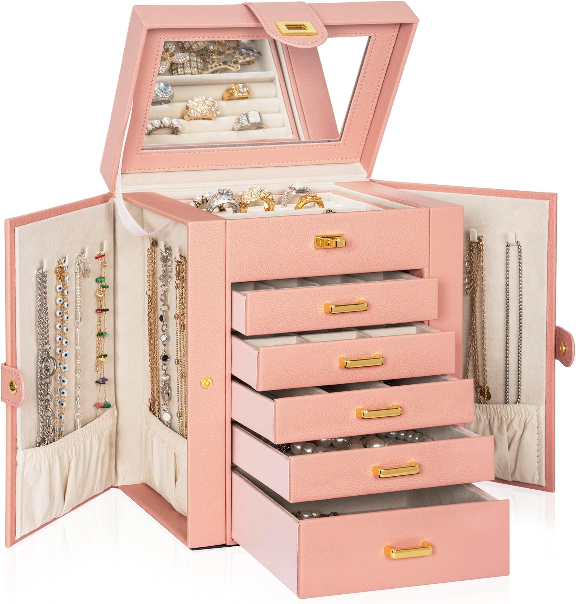 AKOZLIN Jewelry Box Organizer Functional Leather Jewelry Storage Case for Women Girls Ring Necklace Earring Bracelet Holder Organizer with Mirror Pink