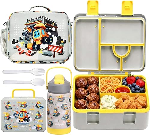 Miniatura 8 de rockpapa Fiambrera Bento de 5 compartimentos para niños con utensilios y botella de agua aislada y bolsa de almuerzo con correa, juego de Dinosaurio