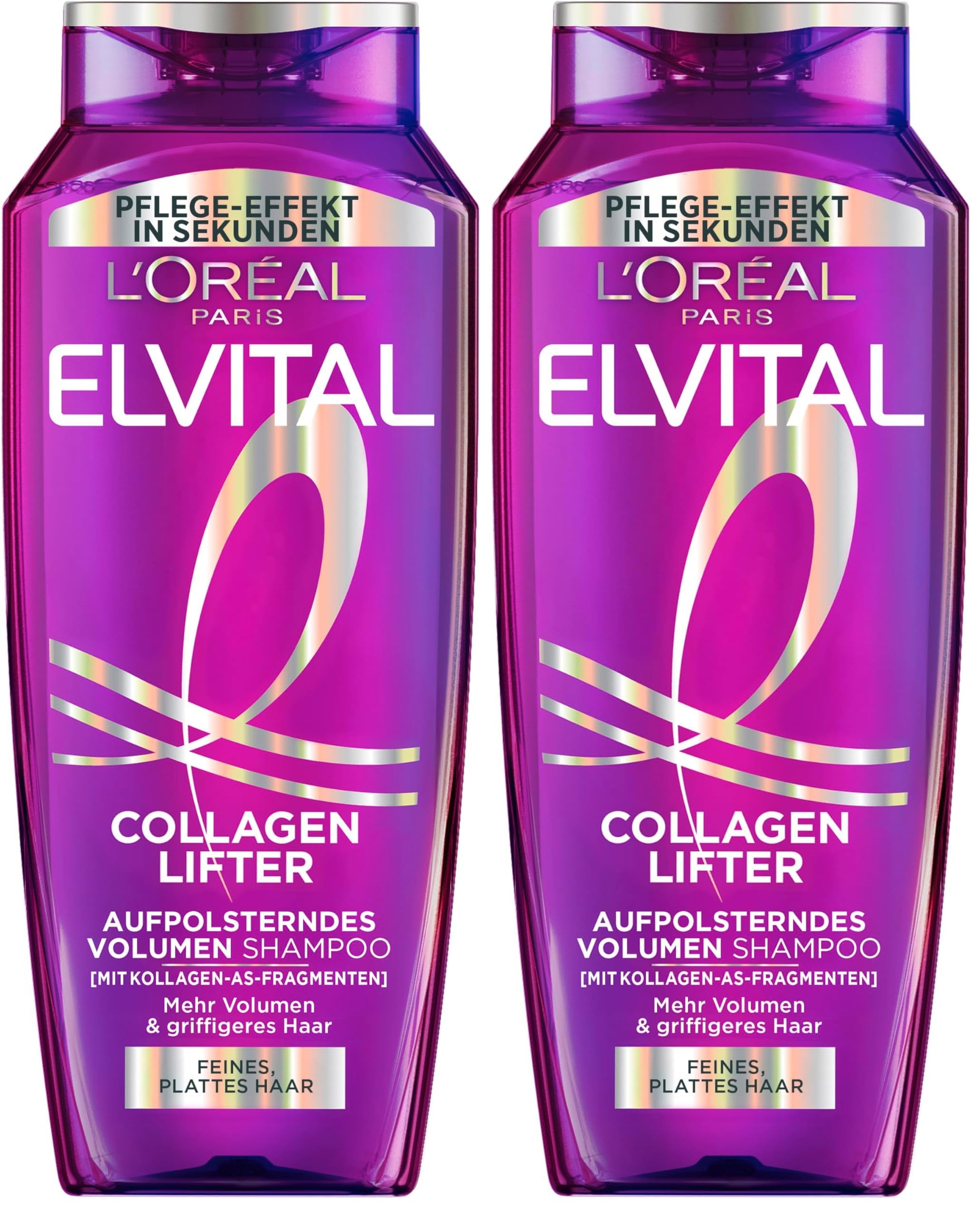 L’Oréal Paris Elvital Collagen Lifter Volumen Shampoo, aufpolsternde Reinigung mit Kollagen-AS-Fragmenten, für feines & plattes Haar, langanhaltender Ansatz-Lift, 300 ml (Packung mit 2)