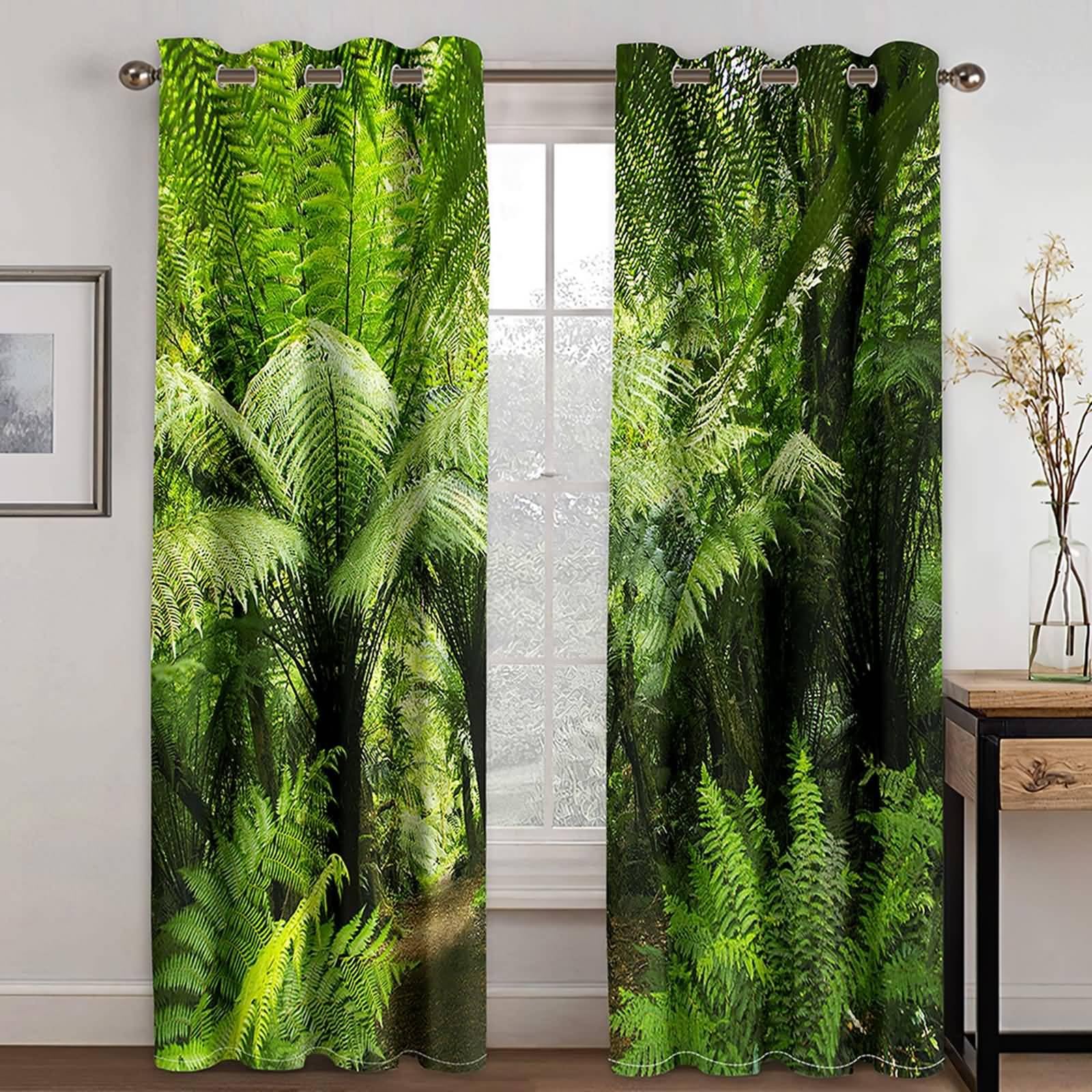 Fenster Verdunkelung, 132x160cm Grün Braun Grüne Tropische Pflanzen Sommer Vorhang Blickdicht mit Ösen Thermovorhang Kälteschutz Vorhänge Wohnzimmer Schlafzimmer Wärmeisolierend