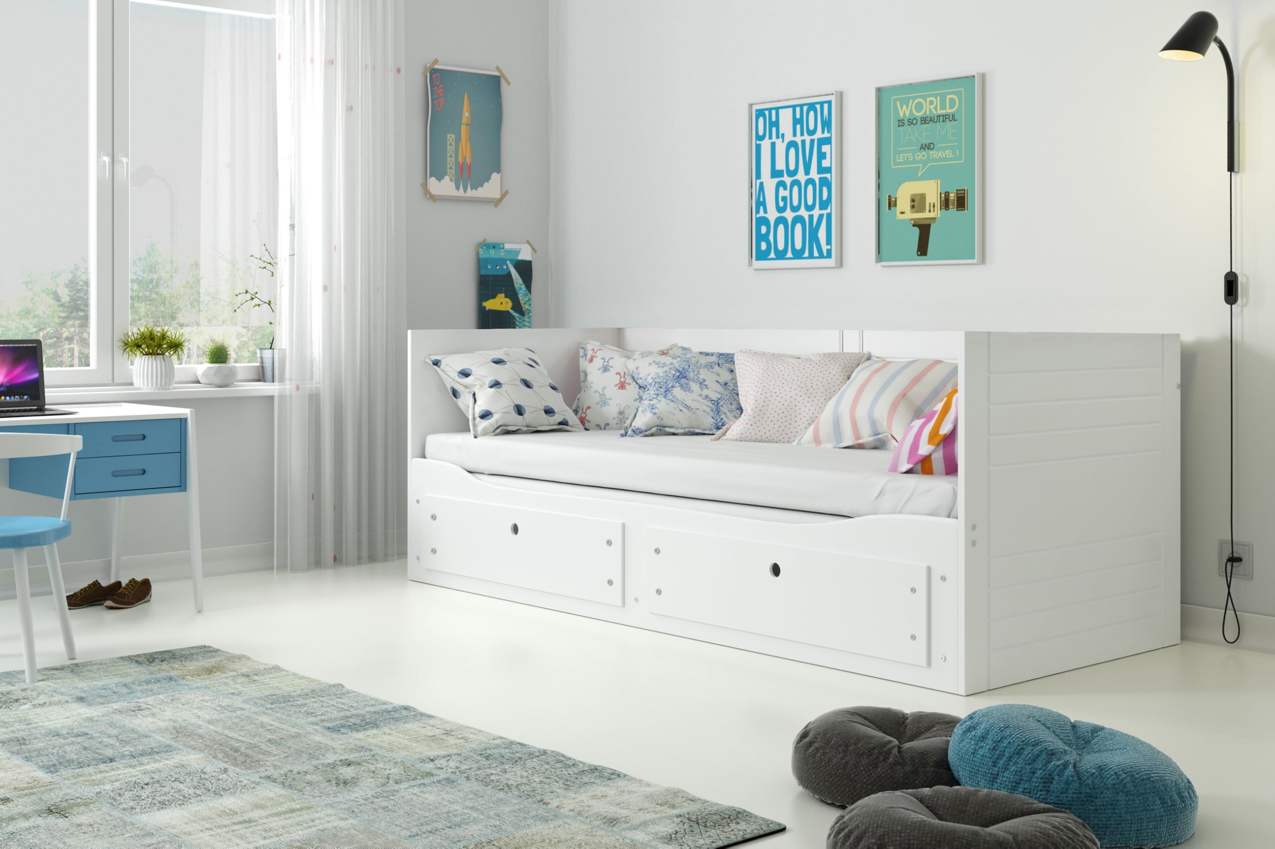 Interbeds Hermes Ausziehbares Bett Kojenbett 80x200 auf 160x200 cm Tagesbett Doppelbett Funktion Schlafsofa mit 2 Schubladen, MDF & Holz, Gästebett Kinder Jugend Erwachsene (weiß)