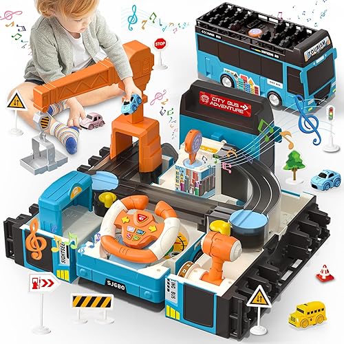 Dwi Dowellin Juguete de autobús con luz de sonido para niños, simulación de volante, juguetes de construcción para niños pequeños de 4 a 8 años,