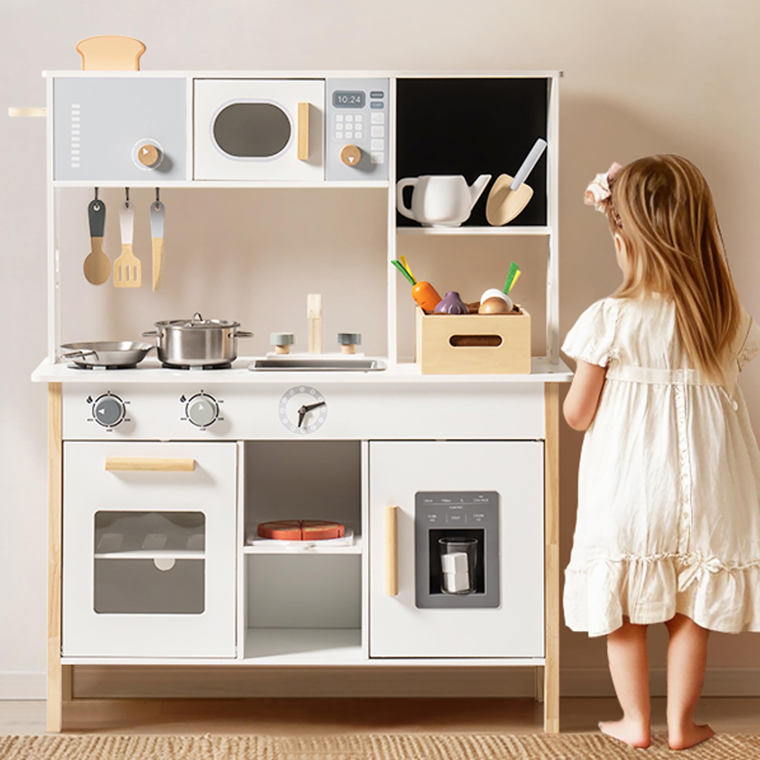 ROBOTIME Kinder-Holzspielküche mit Brotmaschine, Eiswürfelspender, Tafel und mehr, inklusive Spiel-Lebensmitteln Mädchen und Jungen ab 3 Jahren | Kinderküche Zubehör mit Toaster, Eismaschine, Schneidelebensmitteln und Pizza, Geschenk für Mädchen und Junge
