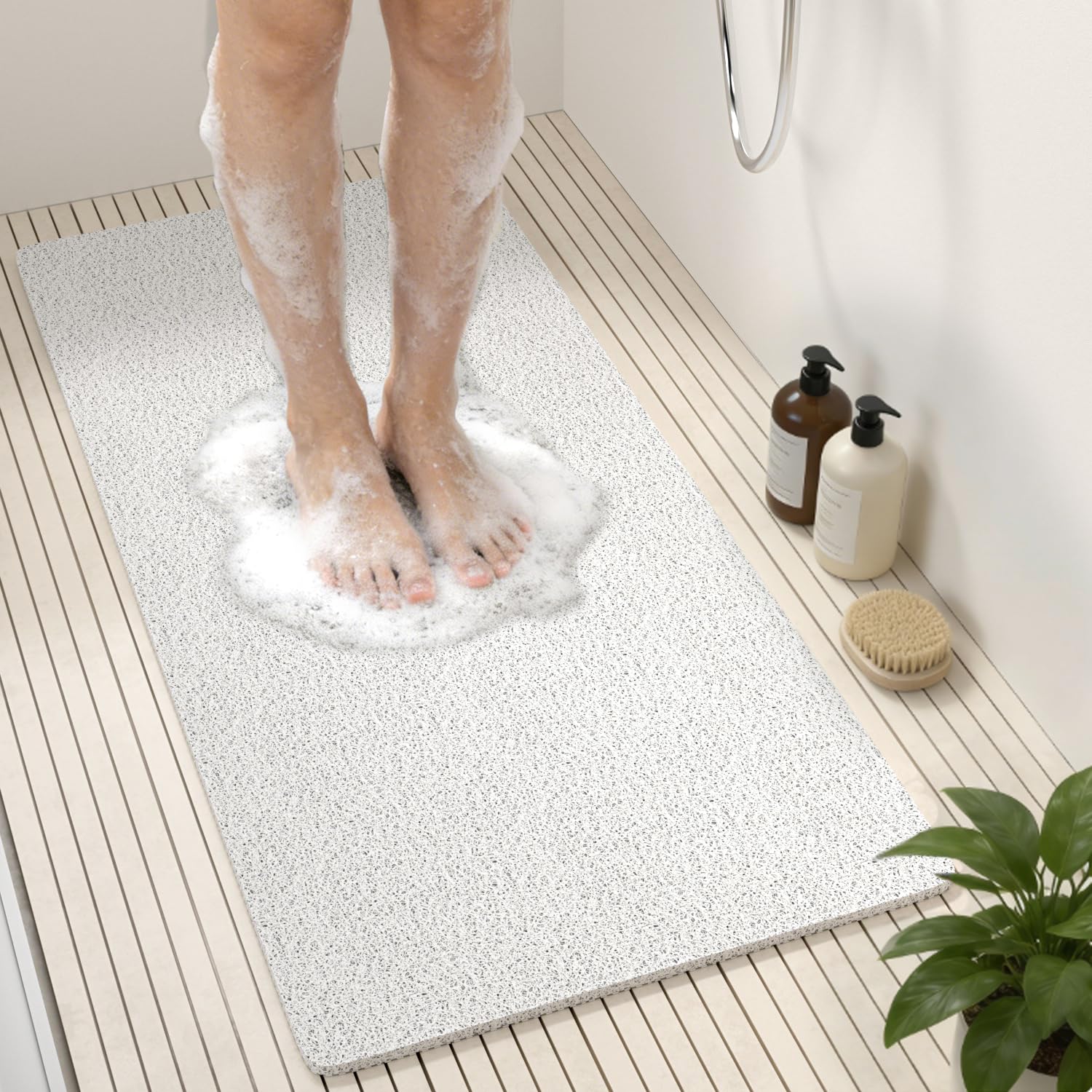 HITSLAM Duschmatte rutschfest, 88 x 40cm Lange Antirutschmatte Badewanne, Weicher PVC-Luffa Badewannenmatte rutschfest, Ohne Saugnapf Badematte, Schnelltrocknend und Leicht zu Reinigen, Weiß