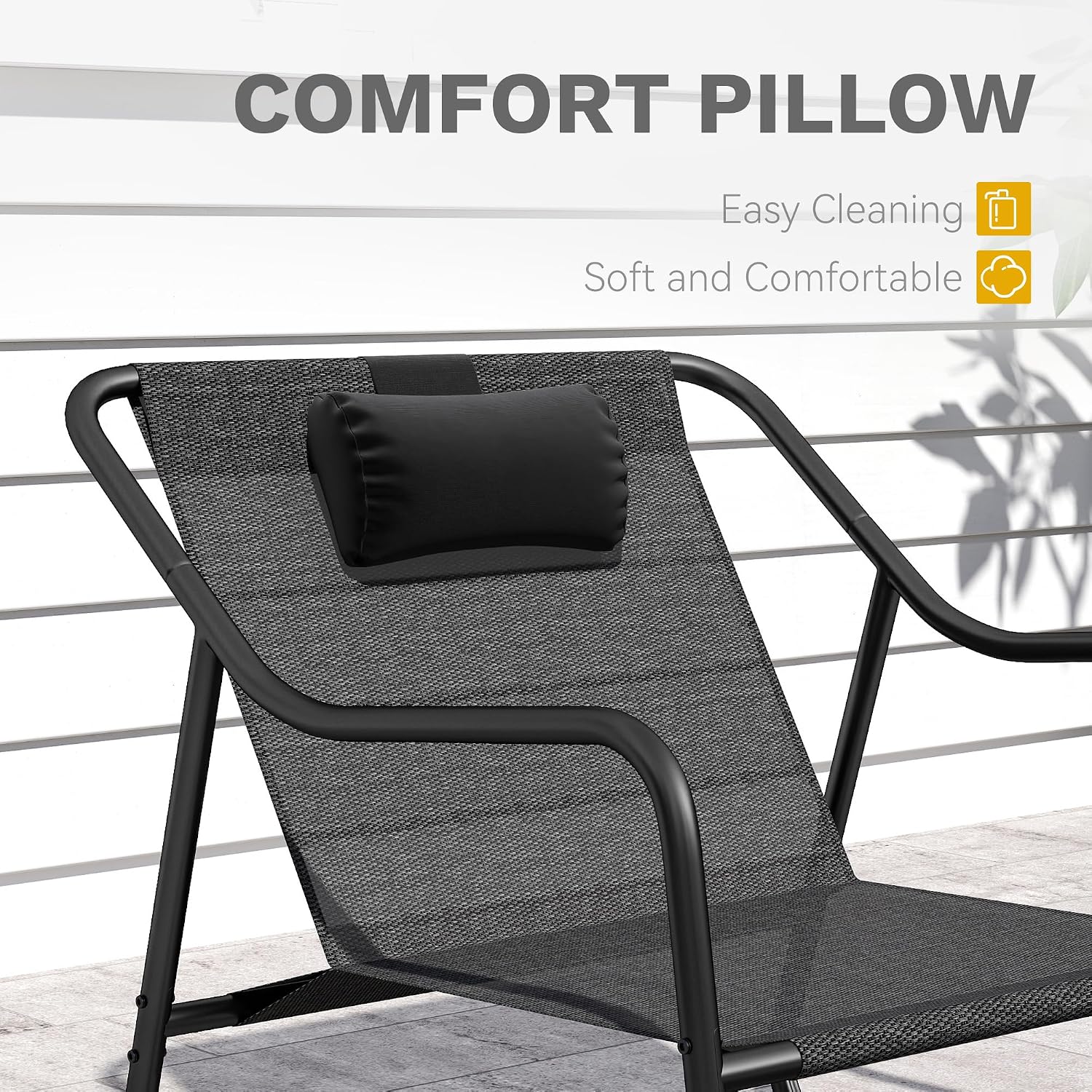 DWVO Chaise Lounge Chair Outdoor, Patio Lounge Chair with Headrest & Footrest, Breathable Outdoor Chaise for Beach Sunbathing Pool Garden Backyard Deck, Black