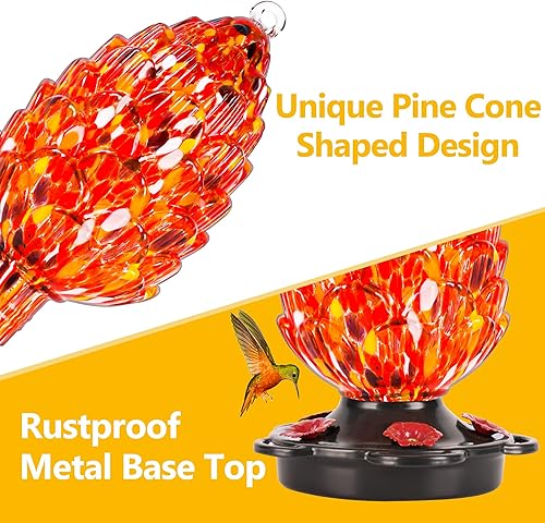 Miniatura 6 de LUJII Comedero para colibríes de vidrio soplado a mano en forma de cono de pino para colgar en exteriores, a prueba de óxido y fugas, 25 onzas