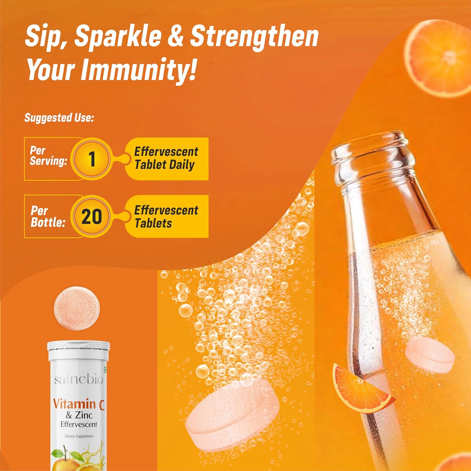 Vitamin C 1000mg & Zinc 10 mg Effervescent Tablets – Immune Support Supplement with Tangy Orange Flavor – Boost Immunity, Energy & Antioxidant Protection – 20 Effervescent Tablets - Pack Of 1 - Image 5