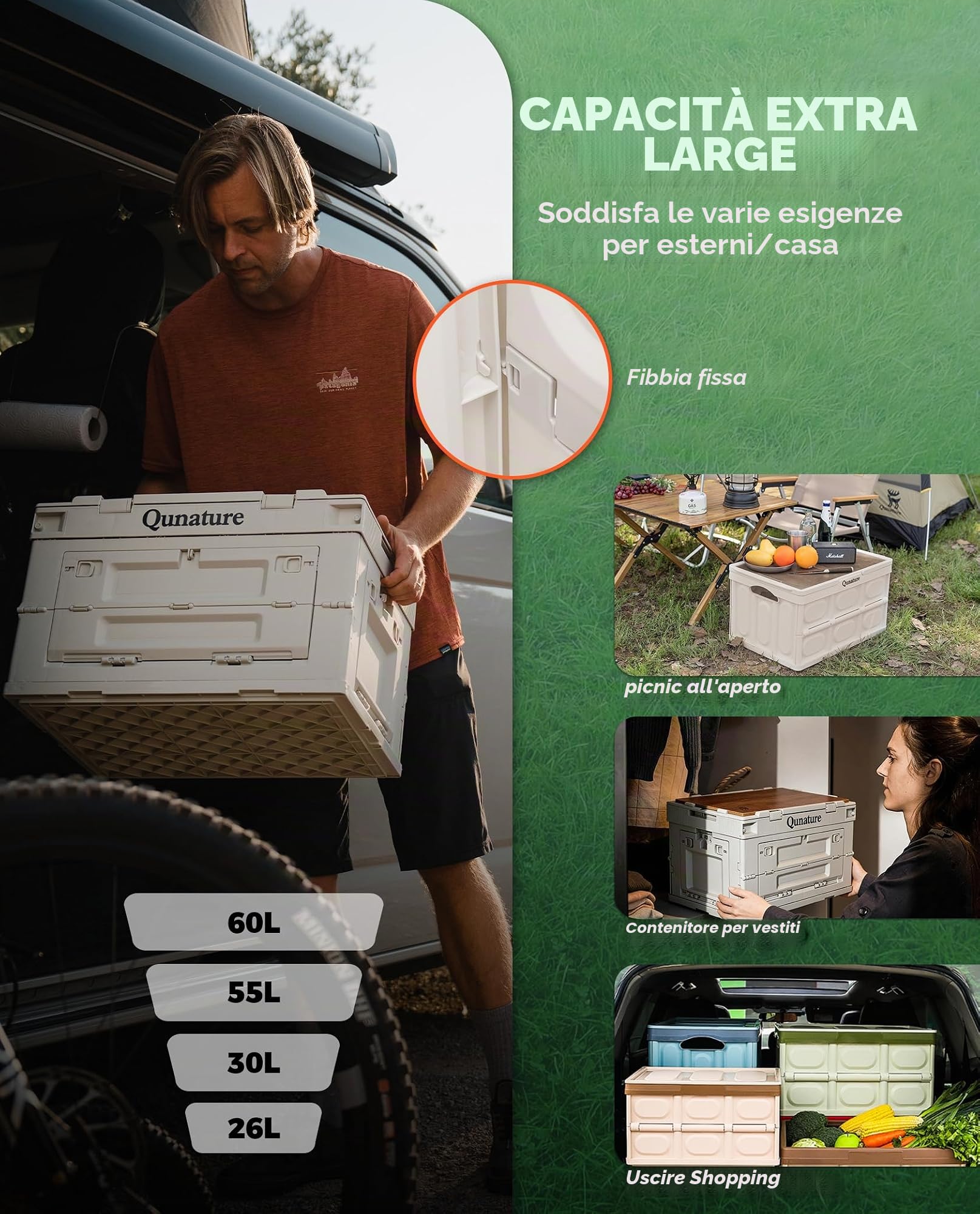 Scatola Portaoggetti da Campeggio Pieghevole, Scatola di Stoccaggio con Copertura in Legno, Organizer per Armadio, Casa, Bagagliaio Auto, Viaggio, Campeggio, Picnic, 55L