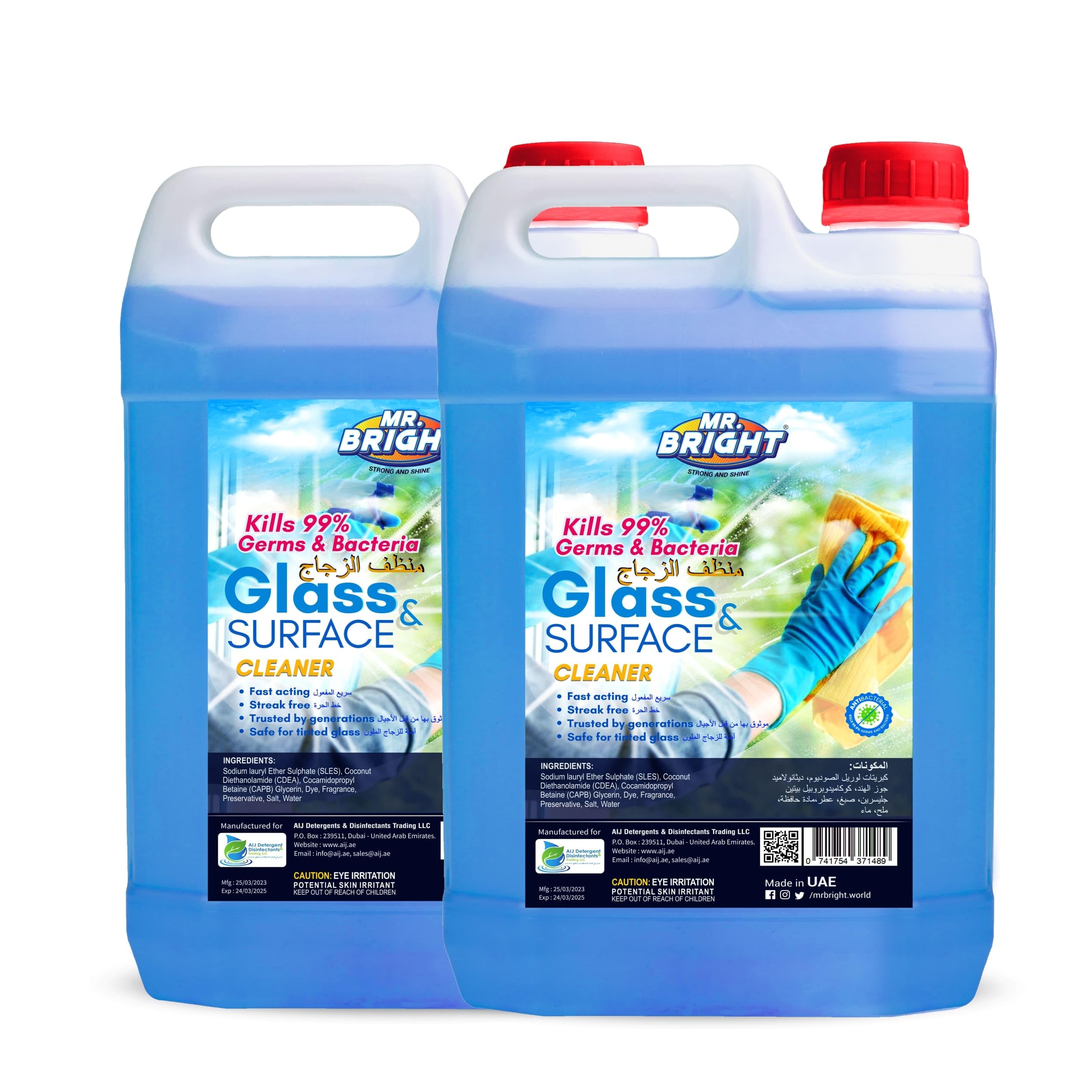 Mr Bright Premium Glass & Surface Cleaner Liquid Detergent for Sparkling Shine, Streak-Free Results, Ultra-Fast Cleaning, and Germ-Killing Action on Windows, Screens, and All Surfaces (Pack of 2)