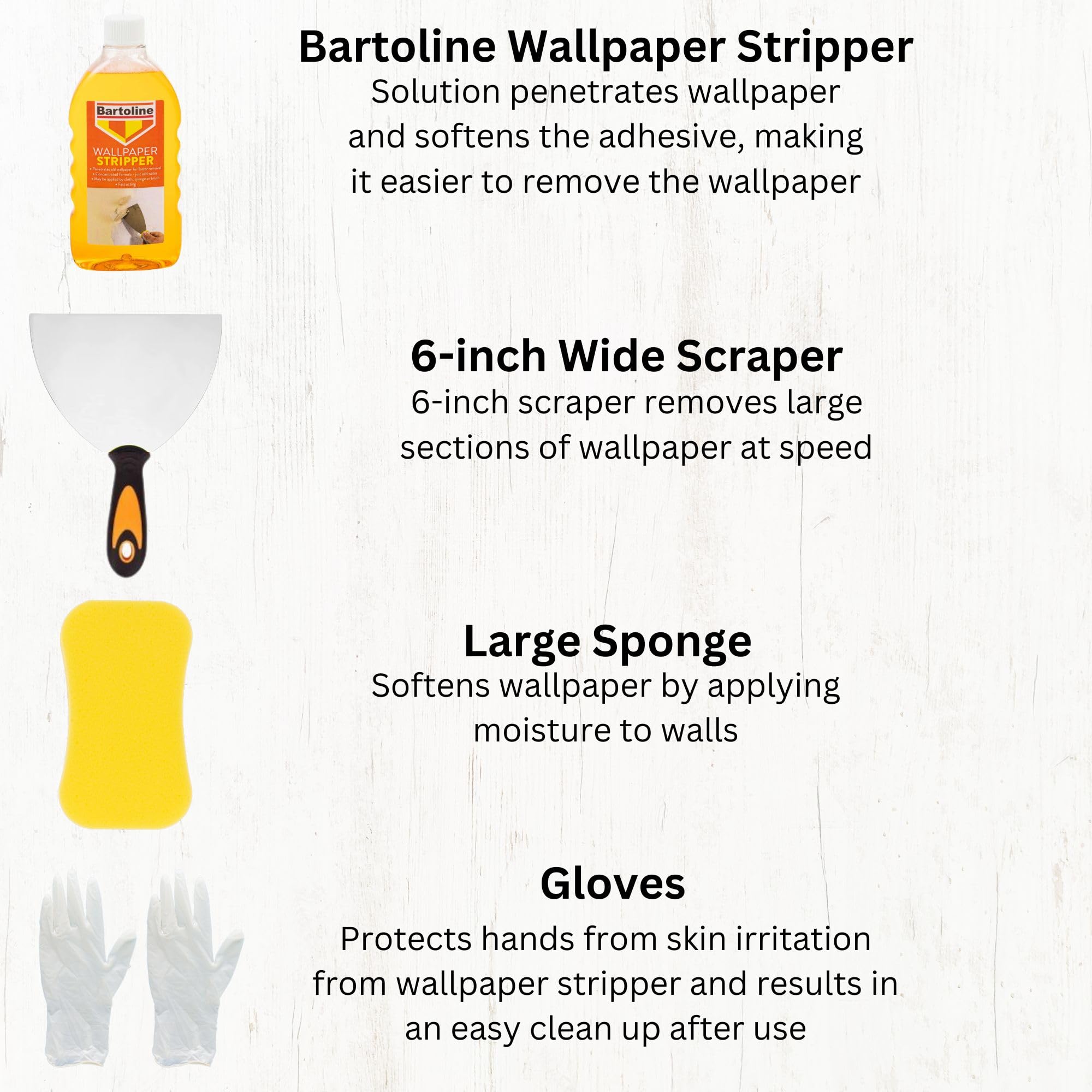 Wallpaper Remover Kit, Bundle with 500ml Bartoline Wallpaper Stripper, 6-Inch Wide Scraper, Large Sponge - Image 2